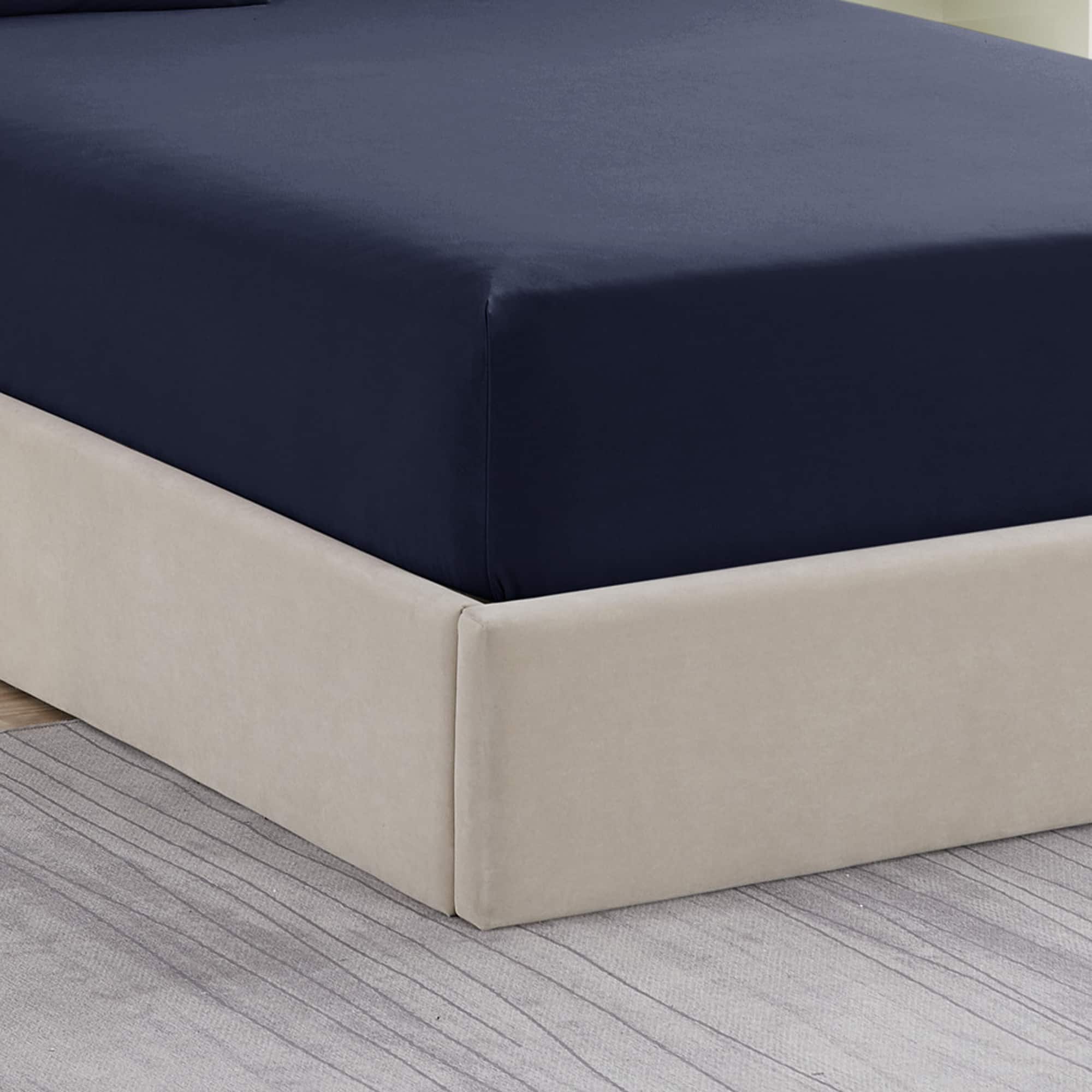 Sweet Home Collection - Solid Flannel Fitted Sheet, Bottom Sheets with Built in Sheet Straps, Full - Navy