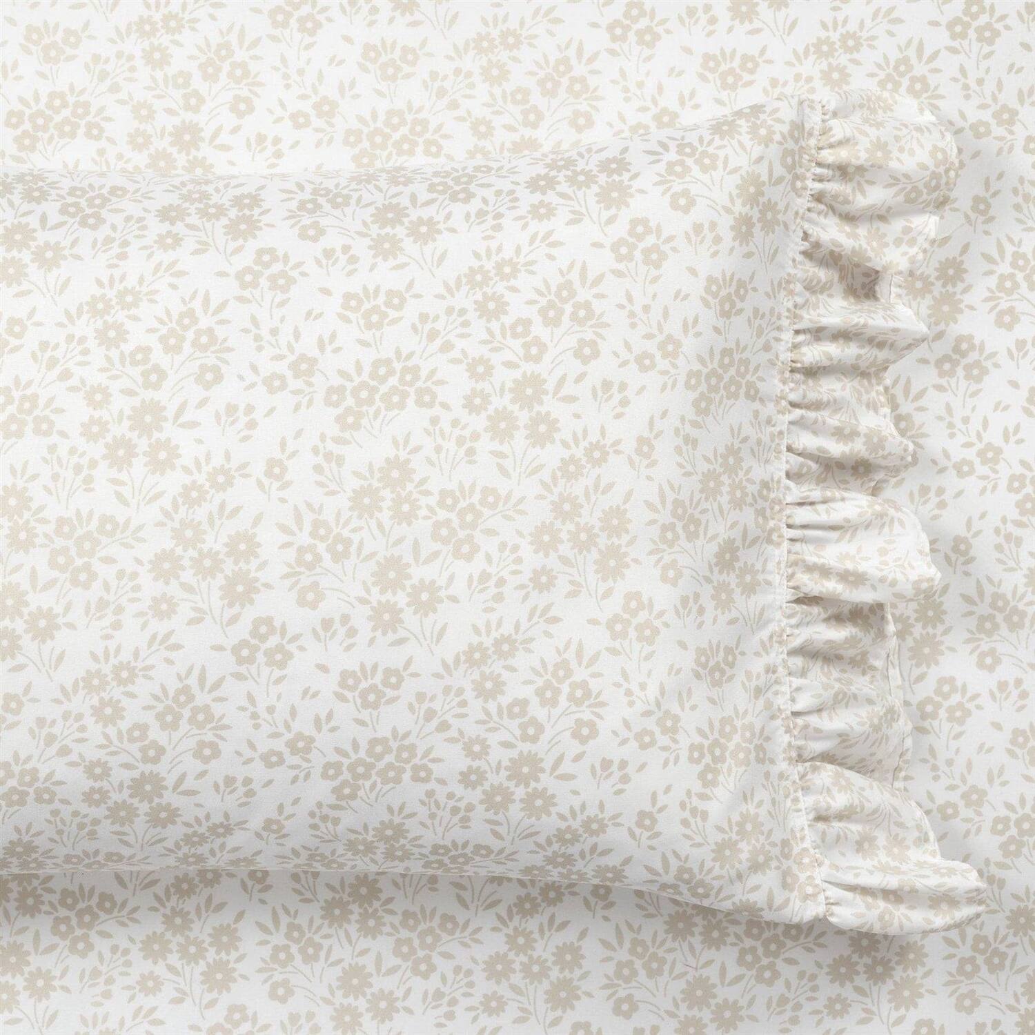 Back. Hivvago - King Size Tan White Floral Ruffle Polyester 6 Piece Sheet Set - Tan, White.