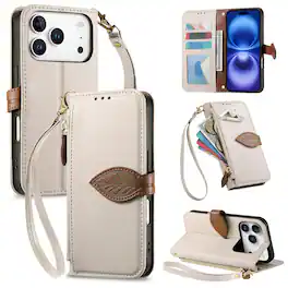 Dteck - for Apple iPhone 17 Pro Wallet Case,PU Leather Flip Zipper Card Slot Leaf-Buckle Shockproof Cover with Wrist Strap - White
