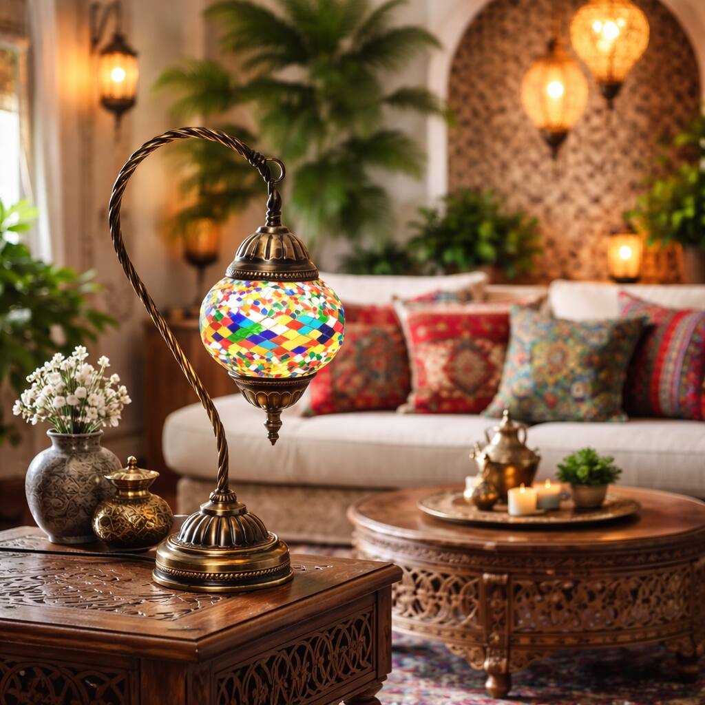 FC Design - 15"H Bronze Swan Base Kilim Mosaic Turkish Lamp