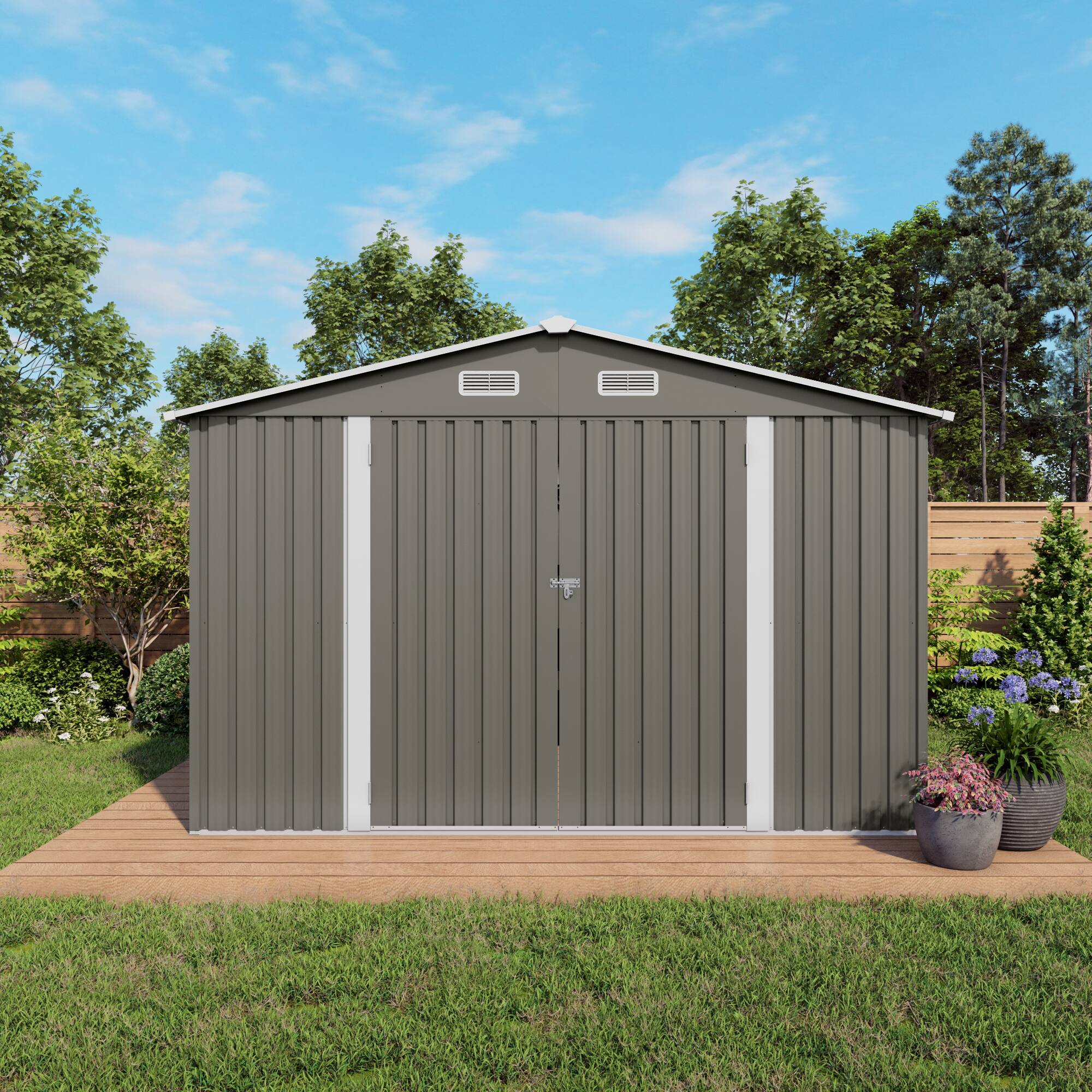 Left. Mondawe - 10x8 FT Outdoor Storage Shed with Lockable Door,Air Vent and Clear Window - Gray.