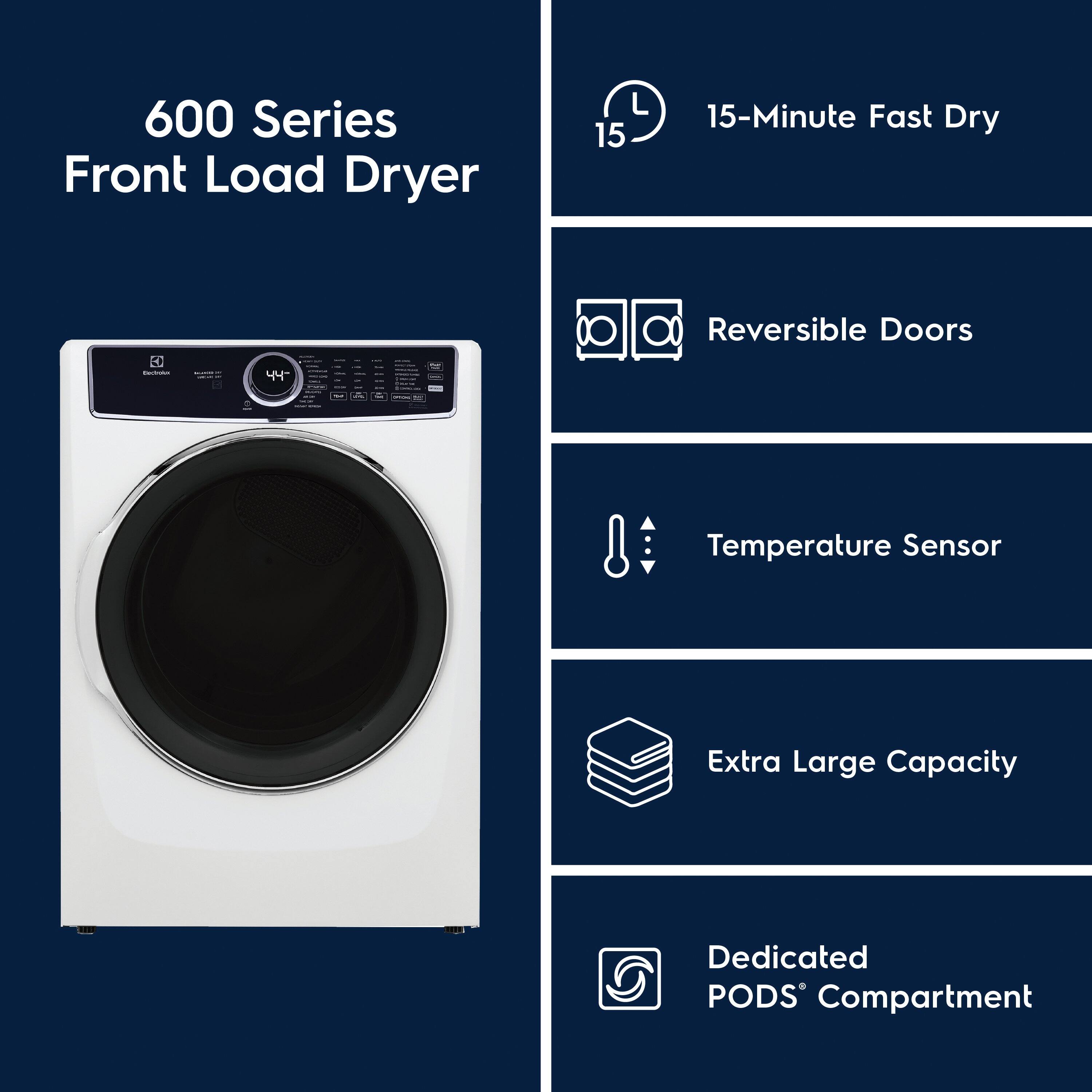 The text on the image is grouped and corrected as follows:

600 Series Front Load Dryer
15-Minute Fast Dry
+ - 44" Reversible Doors
Temperature Sensor
Extra Large Capacity
Dedicated PODS Compartment