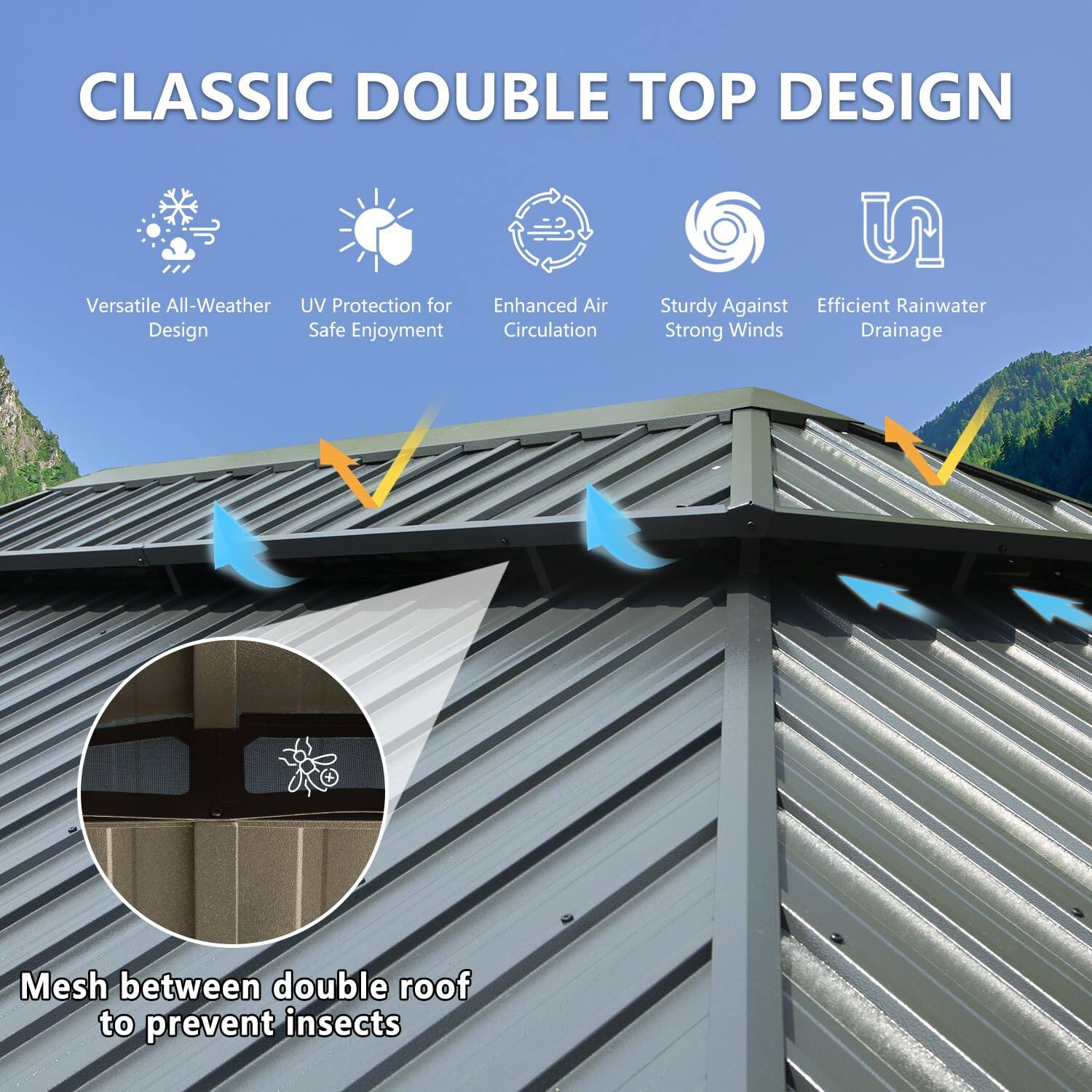 CLASSIC DOUBLE TOP DESIGN

- Versatile All-Weather Design
- UV Protection for Safe Enjoyment
- Enhanced Air Circulation
- Sturdy Against Strong Winds
- Efficient Rainwater Drainage

Mesh between double roof to prevent insects
