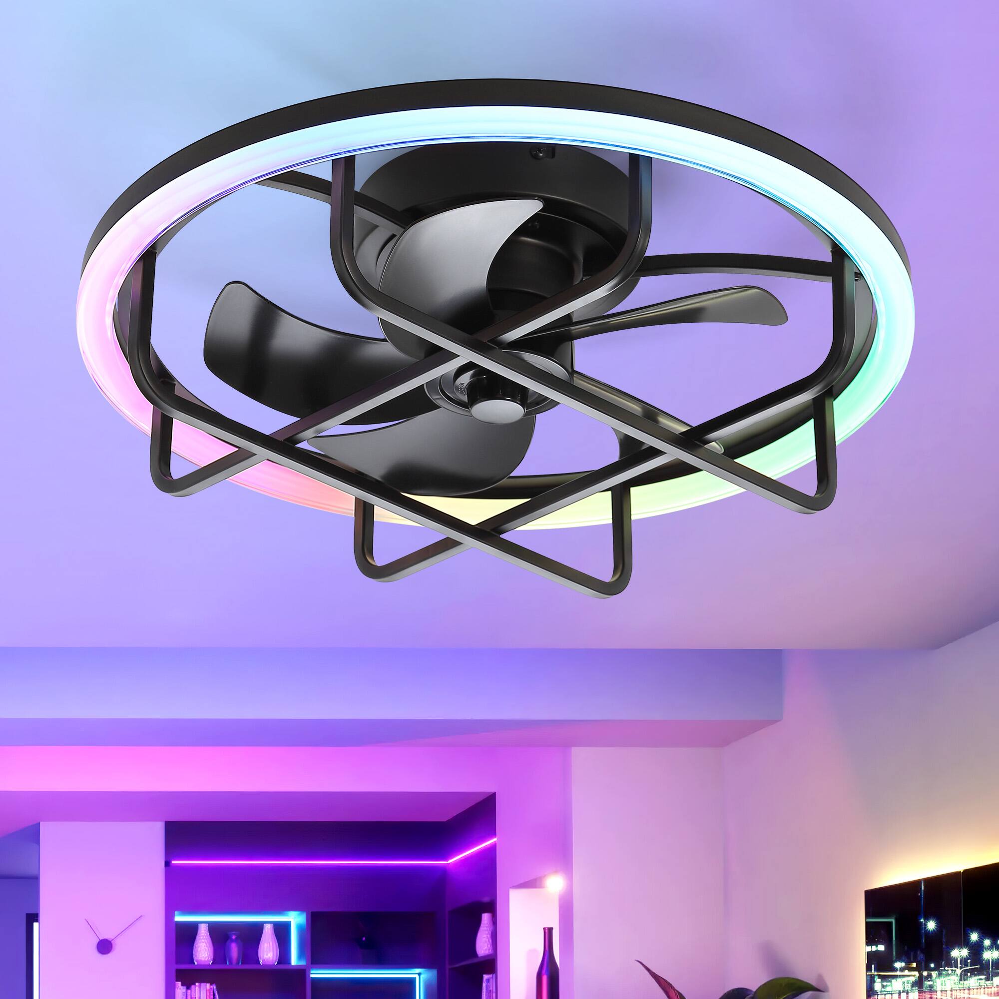 Angle. Breezary - 20-Inch Caged Flush Mount Ceiling Fan with Acrylic Shade, Dimmable RGB LED, 6-Speed Remote, Timer, DC Motor - 20-Inch Black Caged Ceiling Fan.