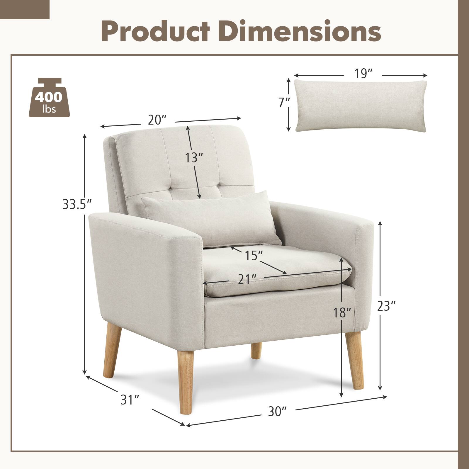 Product Dimensions: 400 lbs, 20" x 7" x 19" x 13" x 33.5" x 15" x 21" x 18" x 23" x 31" x 30"
