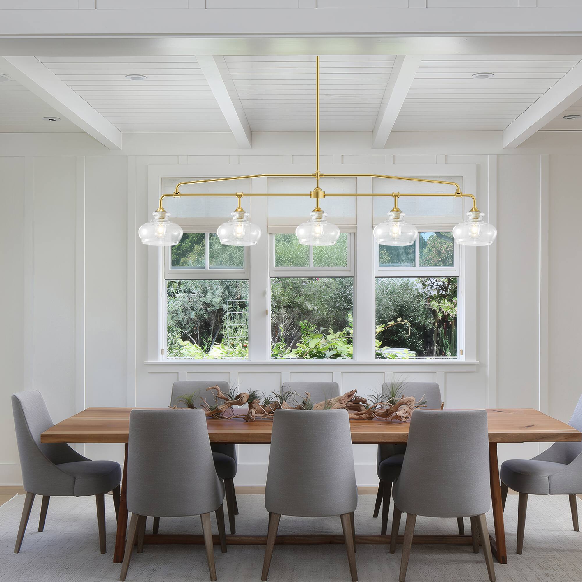 Left. RYHNUYNE - 5-Light Adjustable Brass Kitchen Island Pendant Light with Clear Glass Shades Farmhouse Chandelier for Dining Table - Brass.