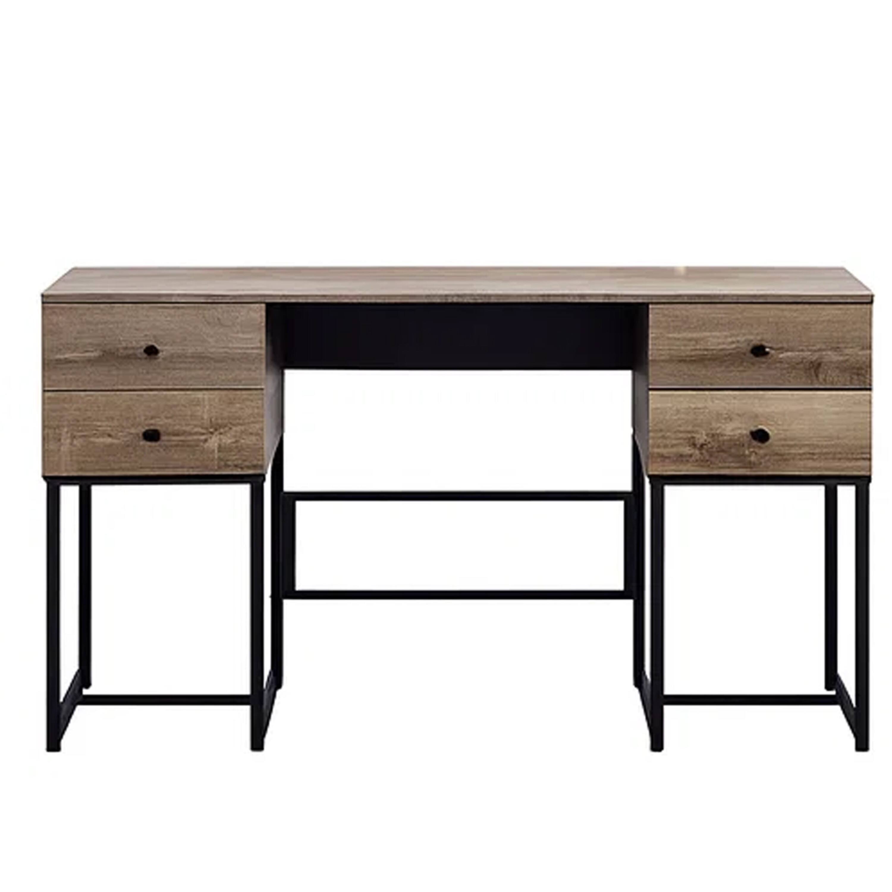 Angle. Manhattan Lane - Wooden Desk with 4 Drawers and Tubular Metal Support, Brown and Black - Brown and Black.