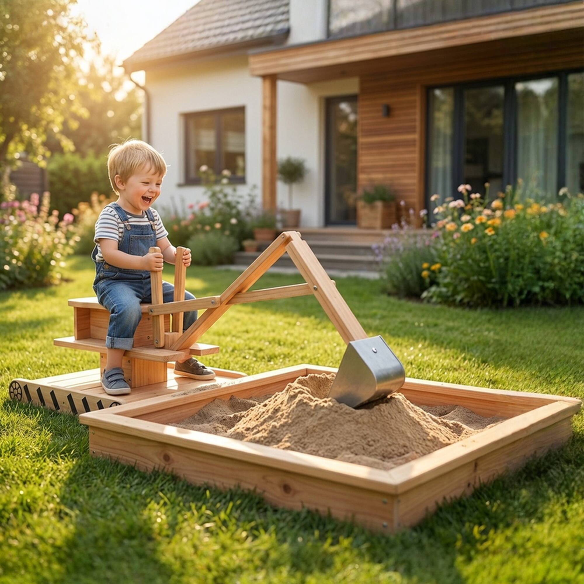 Alt View 1. Qaba - Sandbox with Digger, Kids Sandbox with 360° Rotating Seat & Bottom Liner - Natural wood finish.