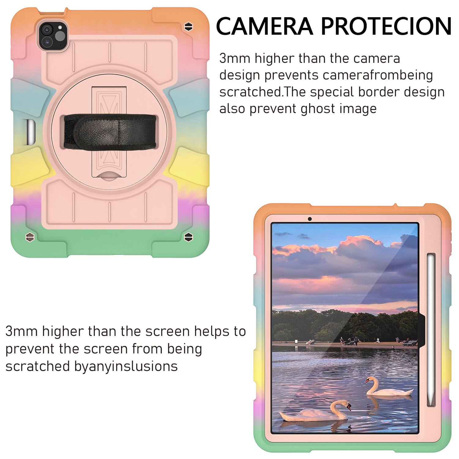 CAMERA PROTECION  
3mm higher than the camera design prevents camera from being scratched. The special border design also prevents ghost image.  

3mm higher than the screen helps to prevent the screen from being scratched by any inclusions.
