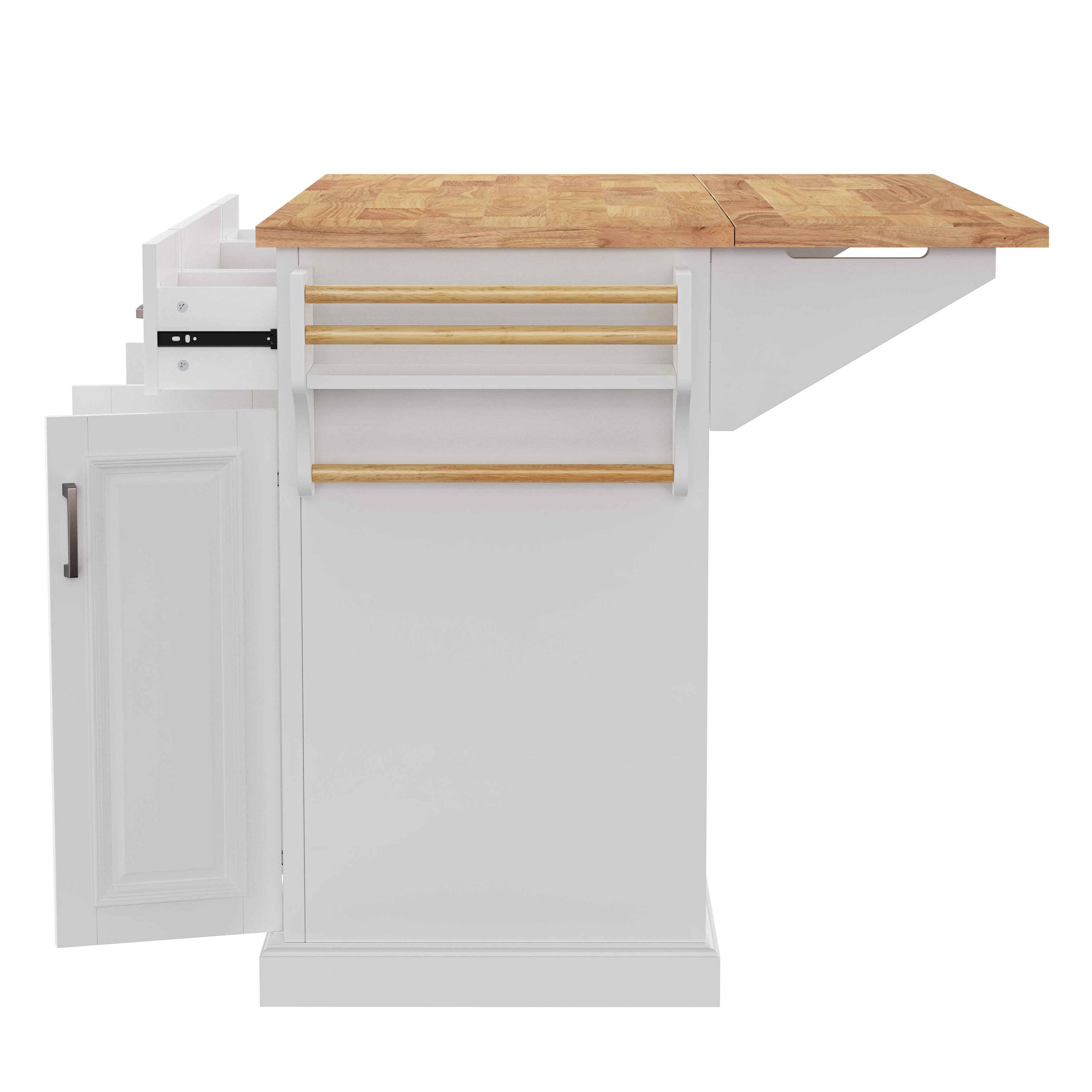 Alt View 7. Forest'nSky - 54" Large Rolling Kitchen Island with Rubber Wood Drop Leaf, Embossed Texture, 4 Doors, and 3 Drawers, White - White.