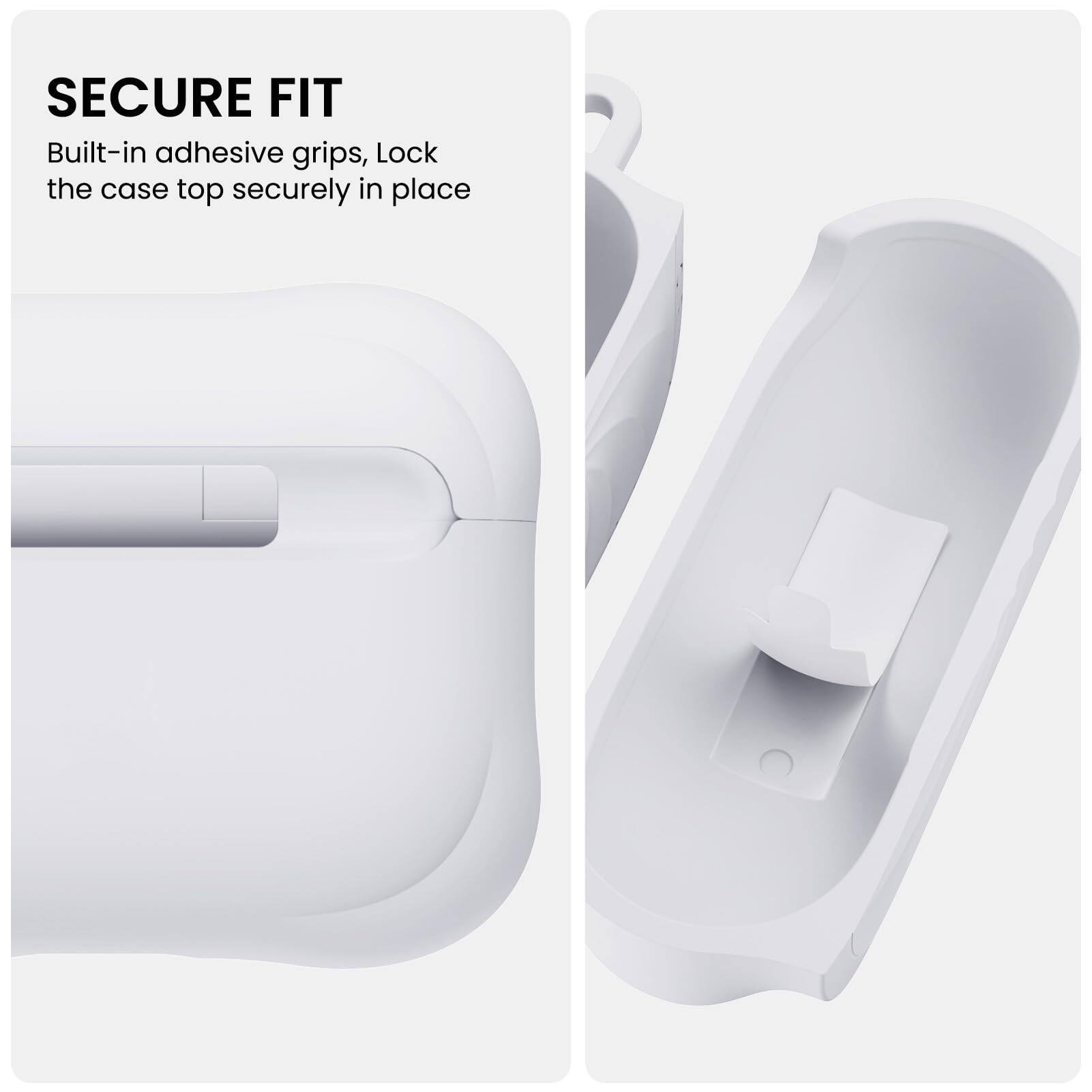 SECURE FIT  
Built-in adhesive grips, lock the case top securely in place