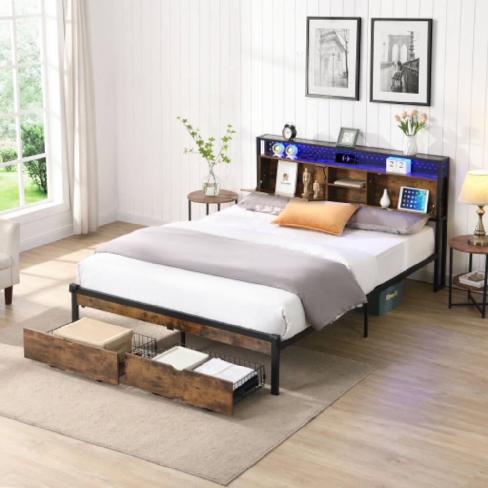 Front. LUCKY ONE - Full Size Platform Bed Frame with Wooden Headboard and Footboard, USB Outlets, LED Lights, 2 Drawers - Black+Brown.