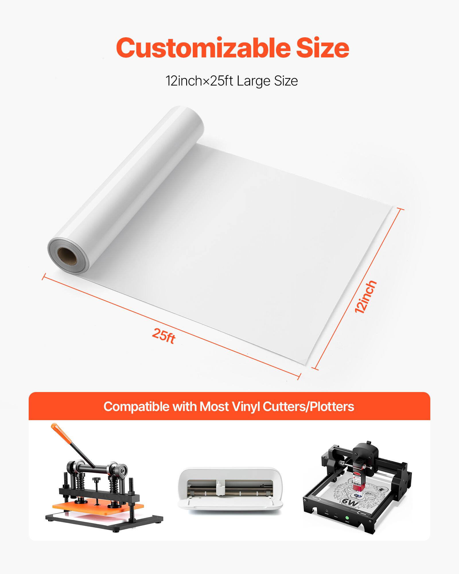 Customizable Size  
12inch x 25ft Large Size  
Compatible with Most Vinyl Cutters/Plotters  
6W