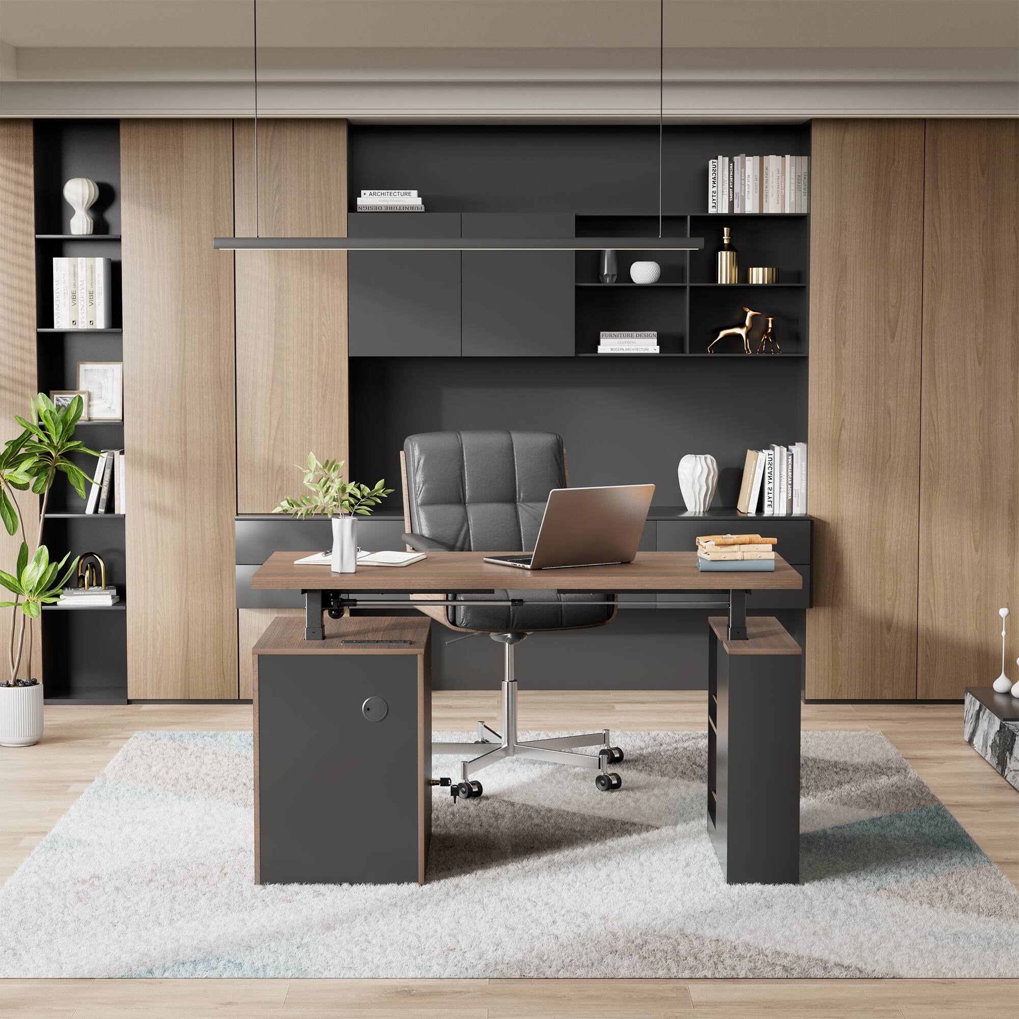 Alt View 6. ModernMate - 53" Electric Executive Desk with Drawers & File Cabinet, Built-in Charging Station - Black Walnut.