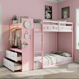 Anysun - Twin Size Bunk Bed with 4 Storage Drawers, Hanging Rail, Light Strip and Built-in Shelves & Dual Pegboards - Pink