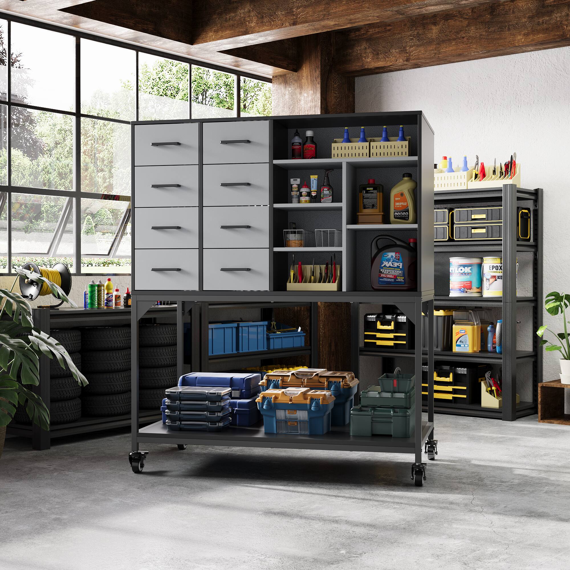 The text in the image appears to be a mix of letters and numbers that are not clearly readable. However, based on the context of the image, which shows a well-organized workshop or garage, the text might be related to tools, equipment, or labels. Here is a possible grouping and correction of the text:

- "1 am I n I 204 PEAK CC F - Z LOK - I I - POX A i I :"

This seems to be a jumbled sequence of letters and numbers. It might be part of a label or code that is not fully visible or clear in the image. Without more context or a clearer view, it's difficult to accurately correct or group the text. If this is part of a label or code, it might be best to refer to the actual label or context for proper interpretation.