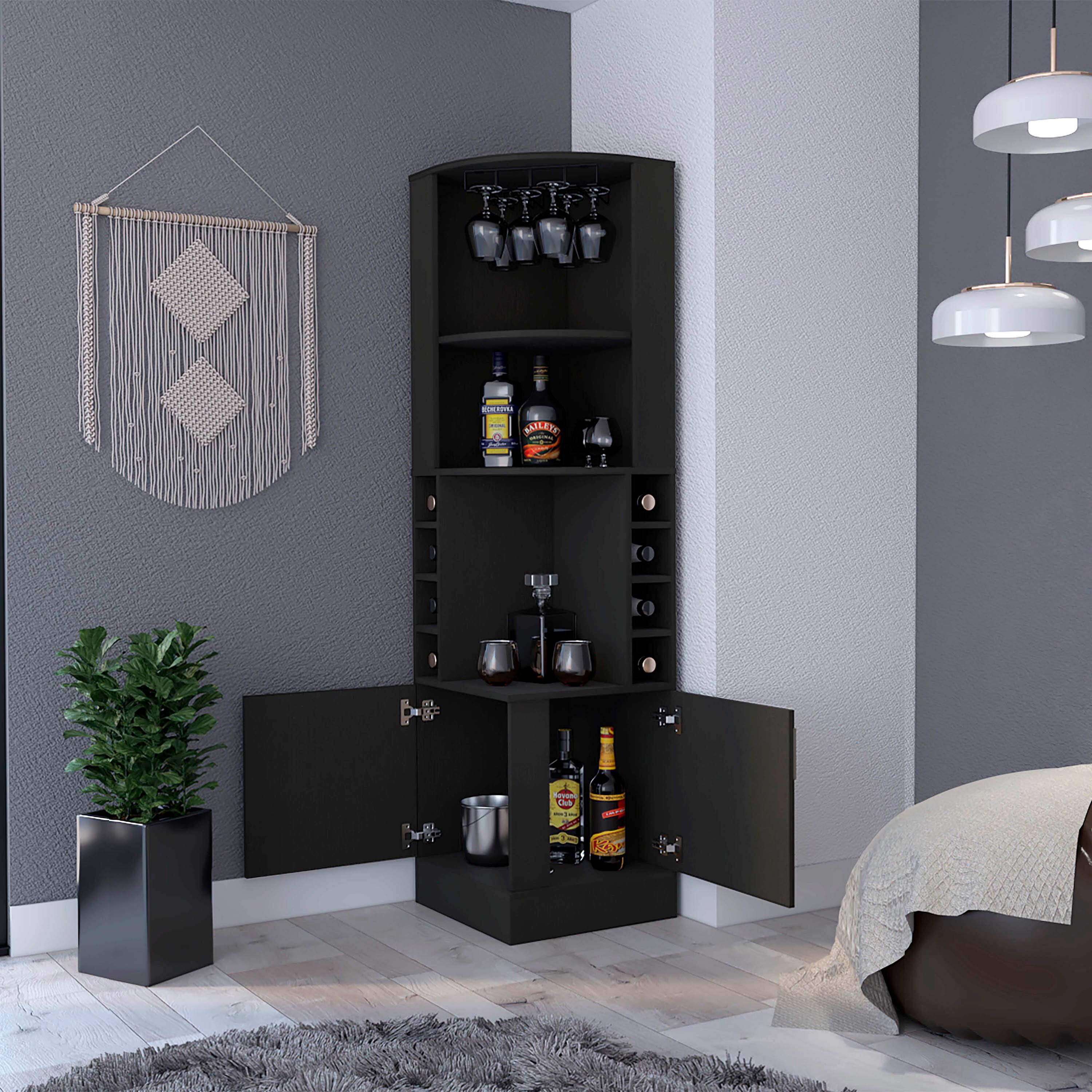 Back. TinyHomie - Corner Bar Cabinet Double Door Cabinet Glass Rack Eight Built-in Wine Rack Black.