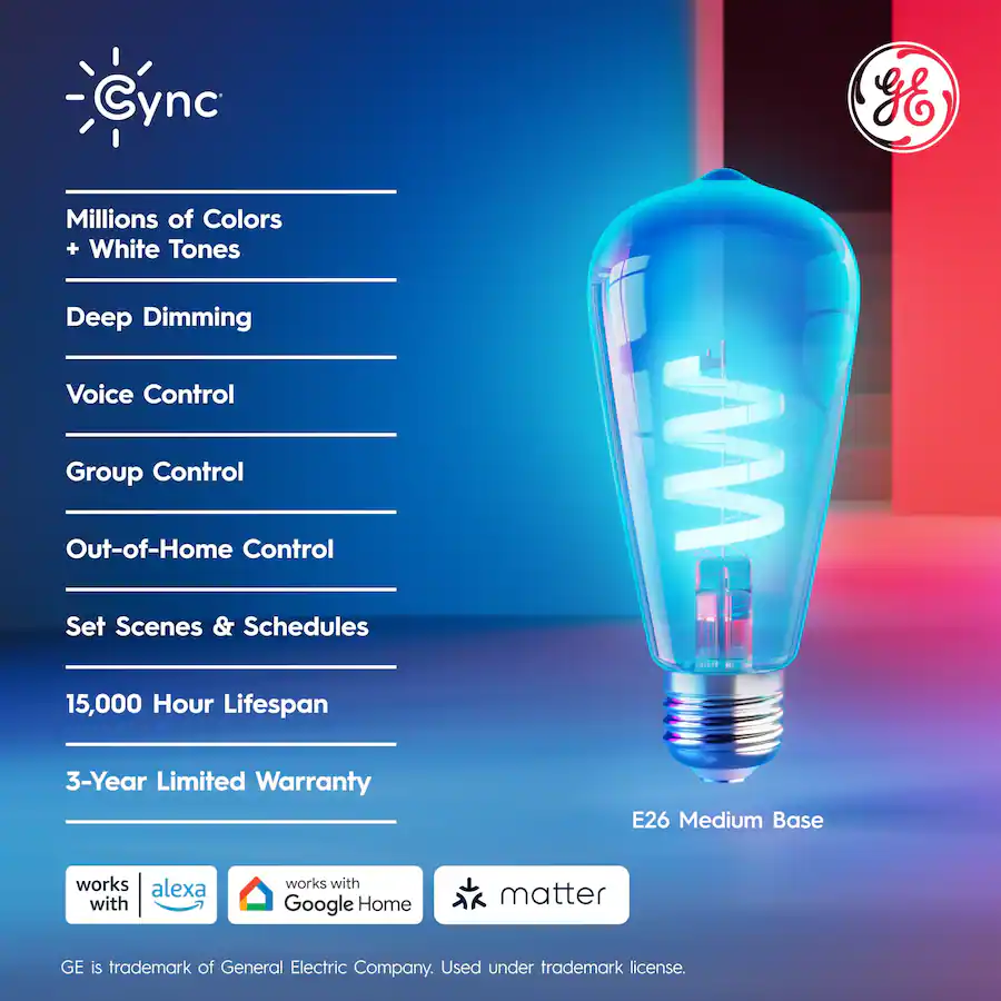 GE Cync ST19 Smart LED Bulb Matter Compatible Color Changing Full