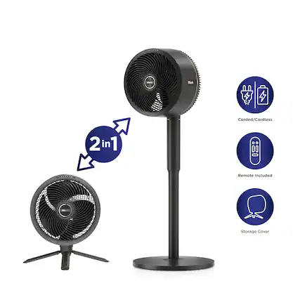 The image features a black fan with a storage cover and a remote control. The fan is described as a corded/cordless 2 in 1 fan, which means it can be used with or without a cord, providing versatility in use. The storage cover and remote control are additional features that enhance the user experience.