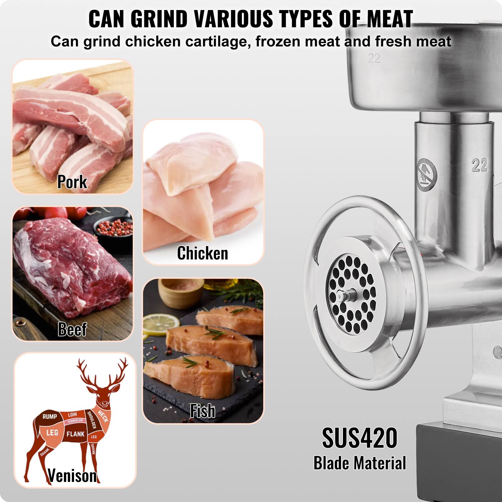 CAN GRIND VARIOUS TYPES OF MEAT  
Can grind chicken cartilage, frozen meat and fresh meat  

Pork  
Chicken  
Beef  
Venison  
Fish  

SUS420 Blade Material