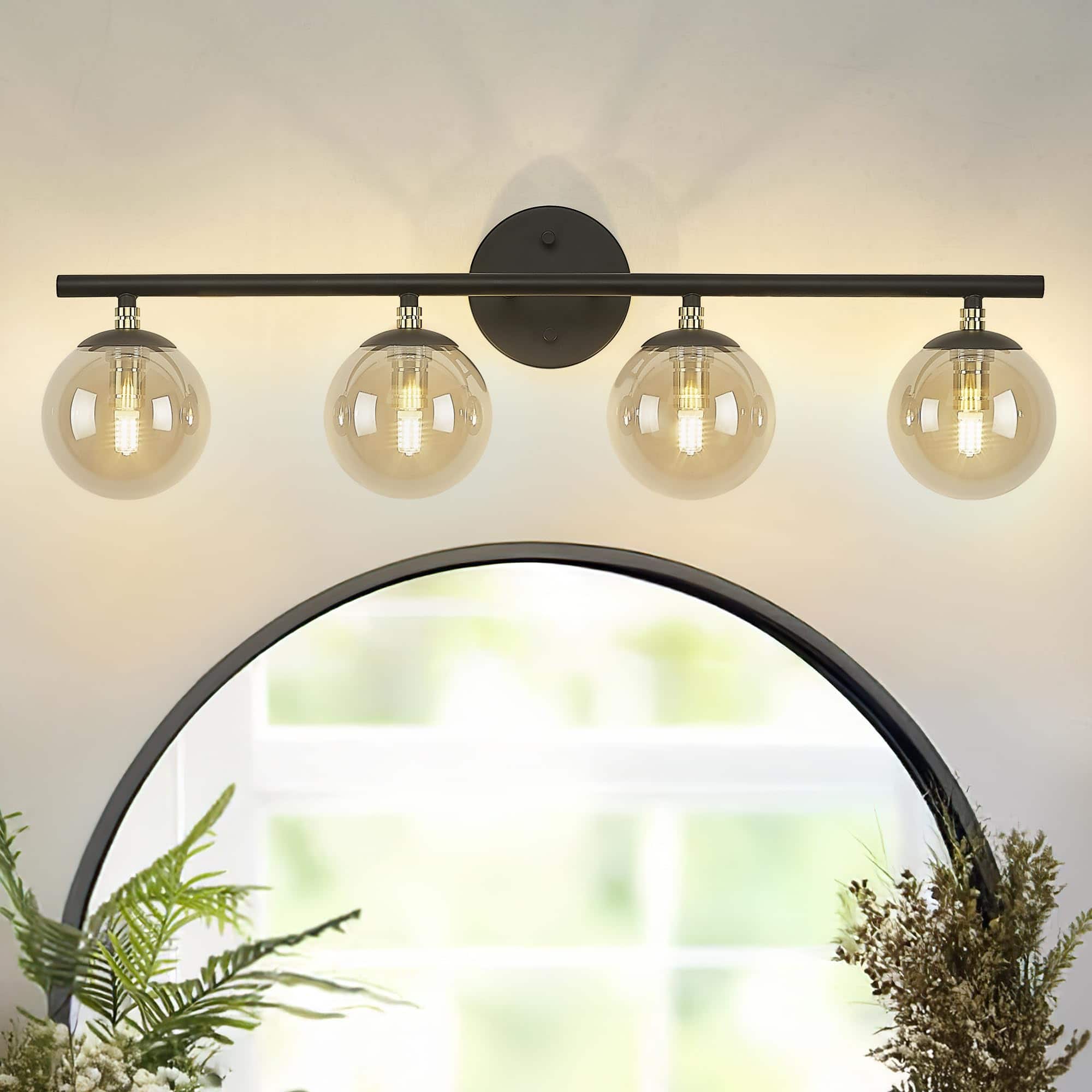 Comfort Essence - Vanity Light Bathroom Fixtures Inch And Brass Finish With Globe Glass Shade - Smoke Glass 4-Light