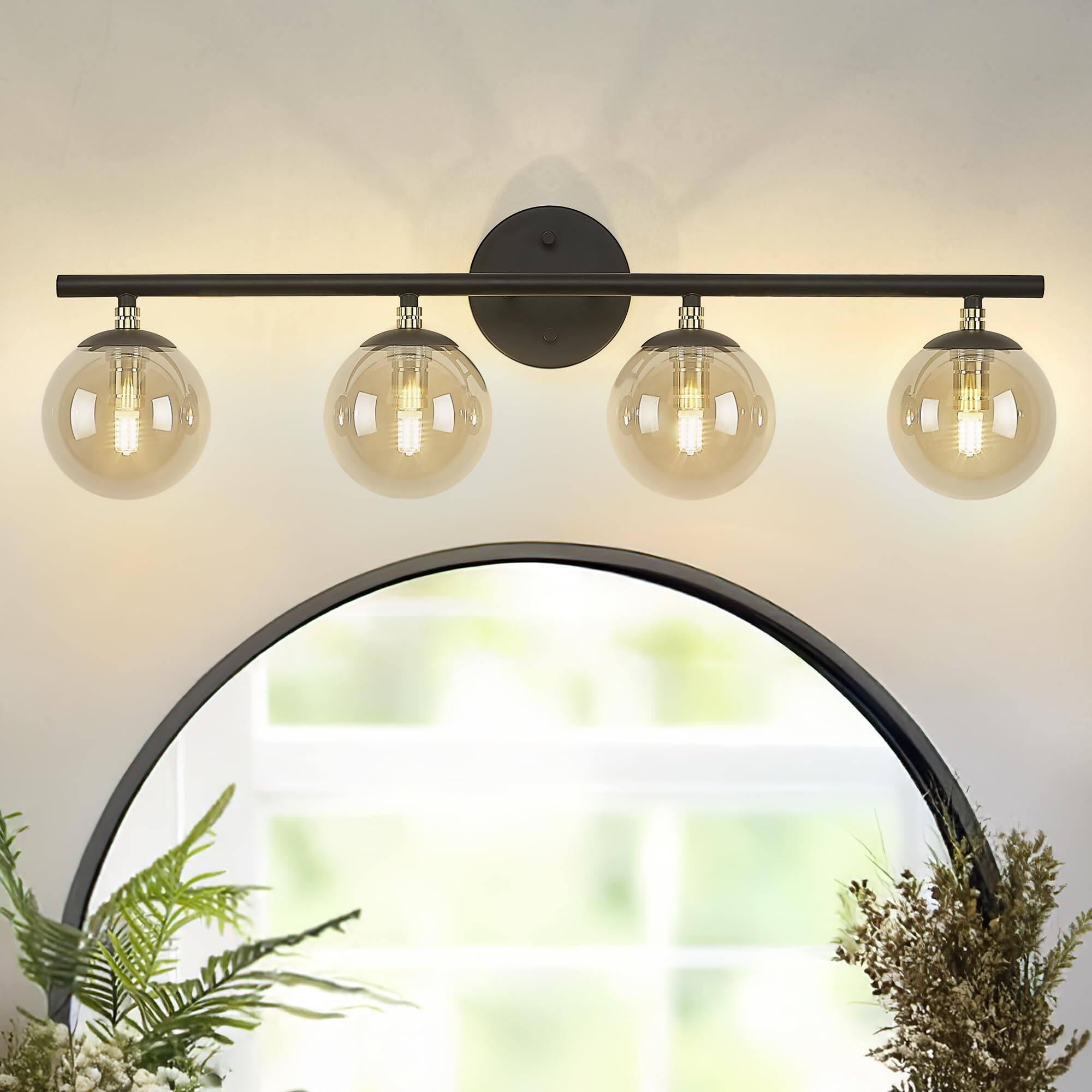 Comfort Essence - Vanity Light Bathroom Fixtures Inch And Brass Finish With Globe Glass Shade - Smoke Glass 4-Light