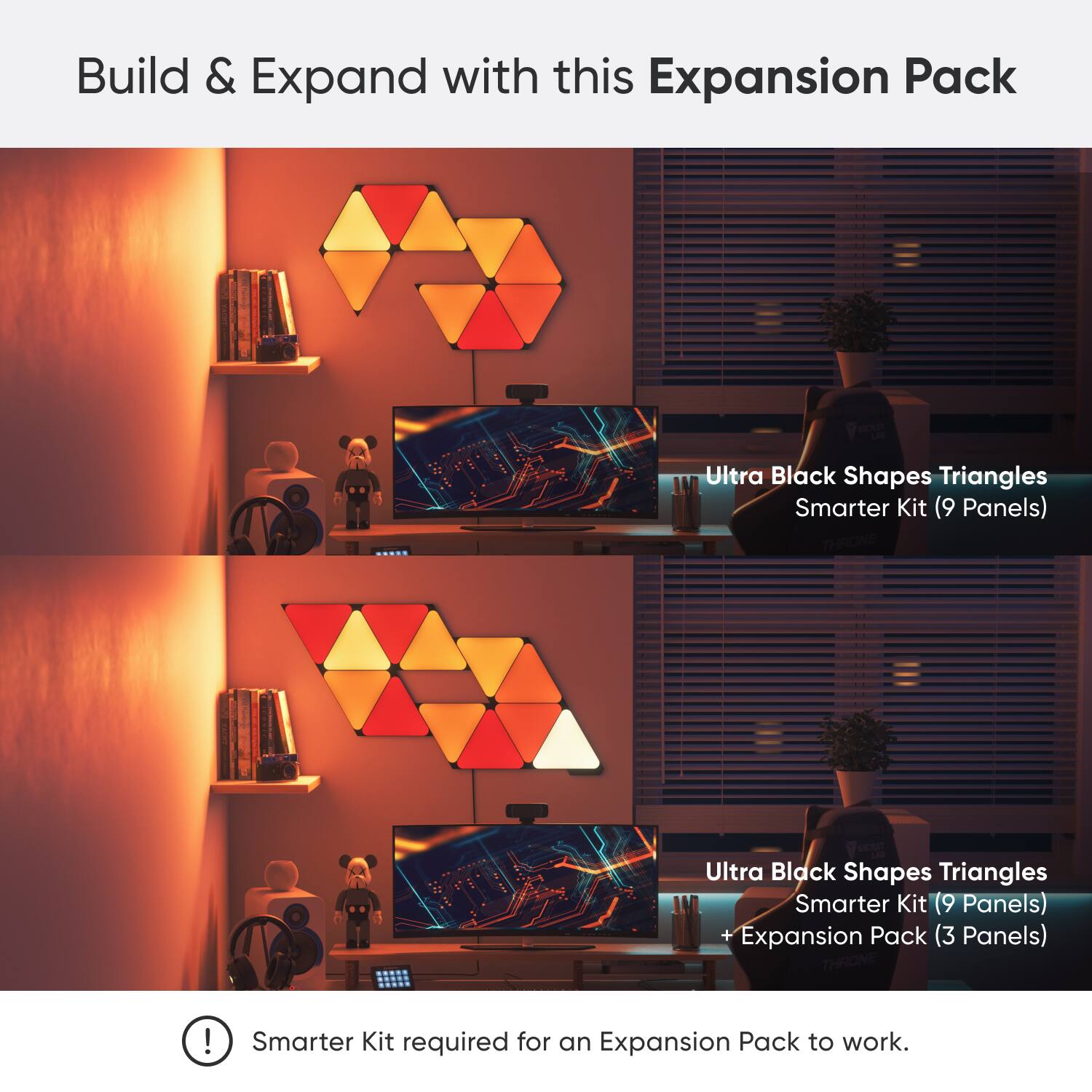 Build & Expand with this Expansion Pack: Ultra Black Shapes Triangles Smarter Kit (9 Panels) + Expansion Pack (3 Panels) ! Smarter Kit required for an Expansion Pack to work.