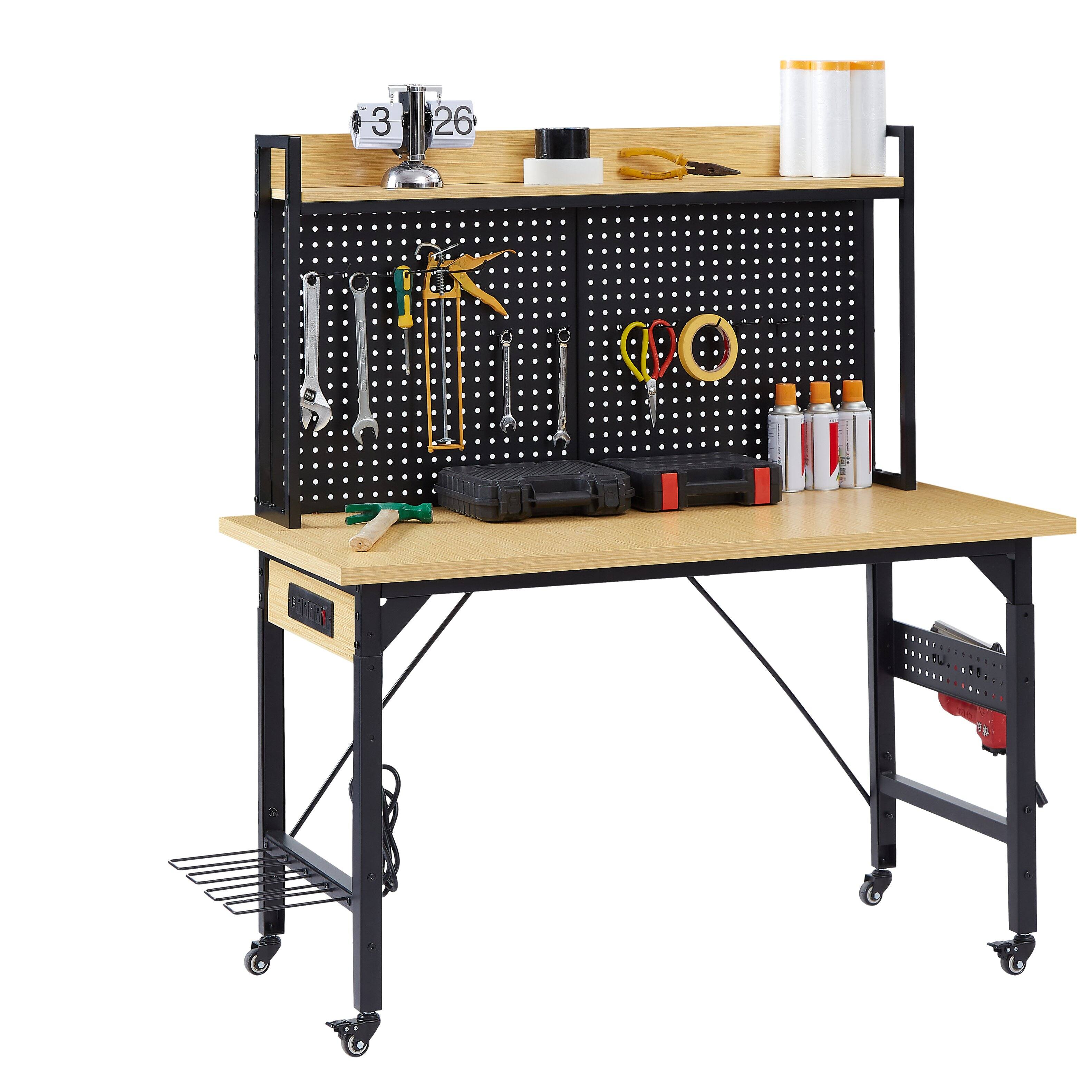 Alt View 6. LOVMOR - 48 inch Adjustable Rolling Workbench with Pegboard USB Outlet Hooks and Shelf for Garage Workshop Home.