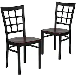 Emma + Oliver - 2 Pack Window Back Metal Restaurant Chair - Mahogany Wood Seat/Black Metal Frame
