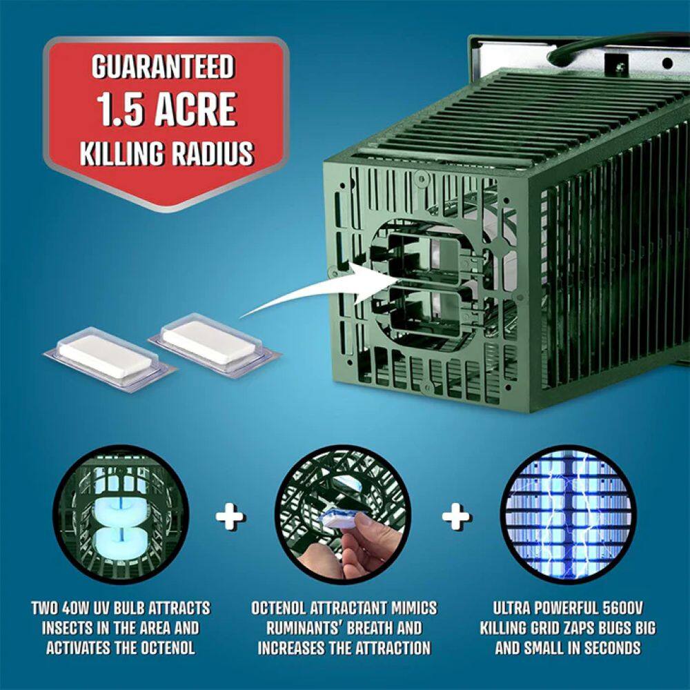 GUARANTEED 1.5 ACRE KILLING RADIUS

TWO 40W UV BULB ATTRACTS INSECTS IN THE AREA AND ACTIVATES THE OCTENOL

OCTENOL ATTRACTANT MIMICS RUMINANTS' BREATH AND INCREASES THE ATTRACTION

ULTRA POWERFUL 5600V KILLING GRID ZAPS BUGS BIG AND SMALL IN SECONDS