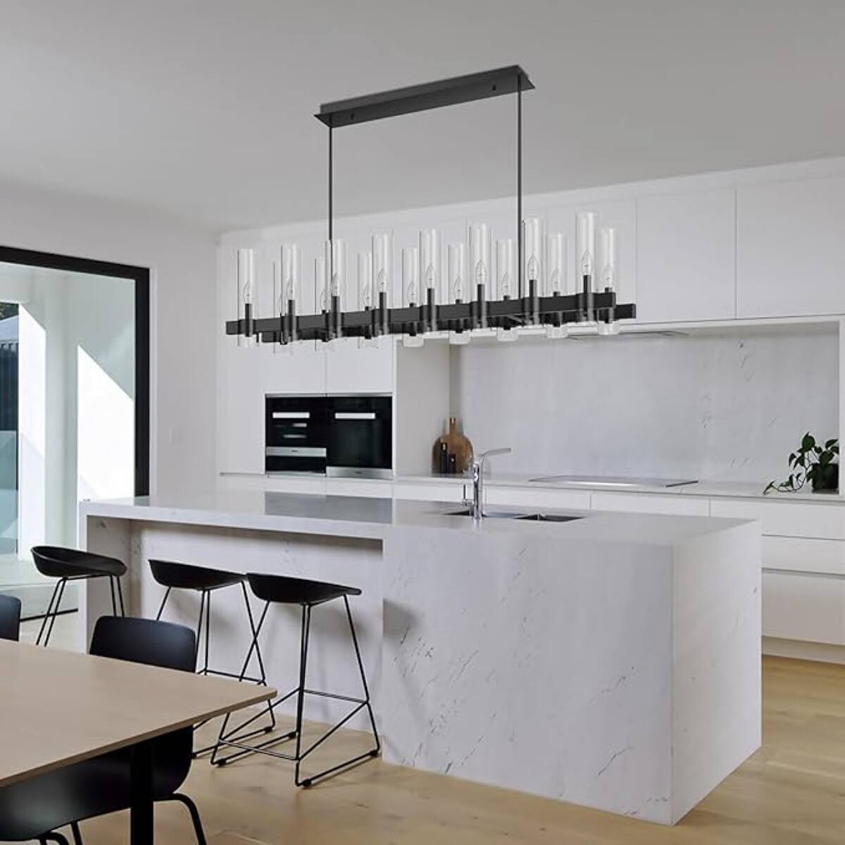 Alt View 2. Loheer - Loheer Modern Farmhouse Chandelier with Clear Glass Shades, Matte Black Linear Pendant for Dining Room or Kitchen Island.