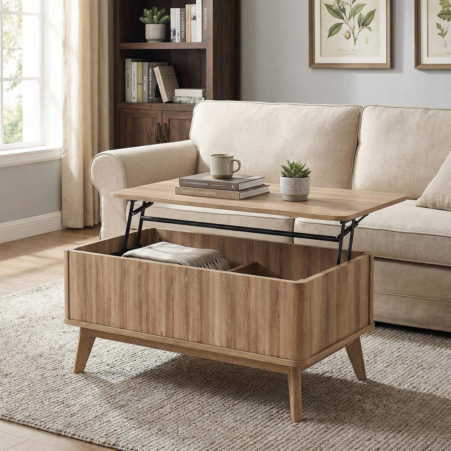 Pefilos - 35.5" Rectangle Wooden Fluted Lift Top Coffee Table, Mid-Century Lift Tabletop with Hidden Storage for Living Room - Brown