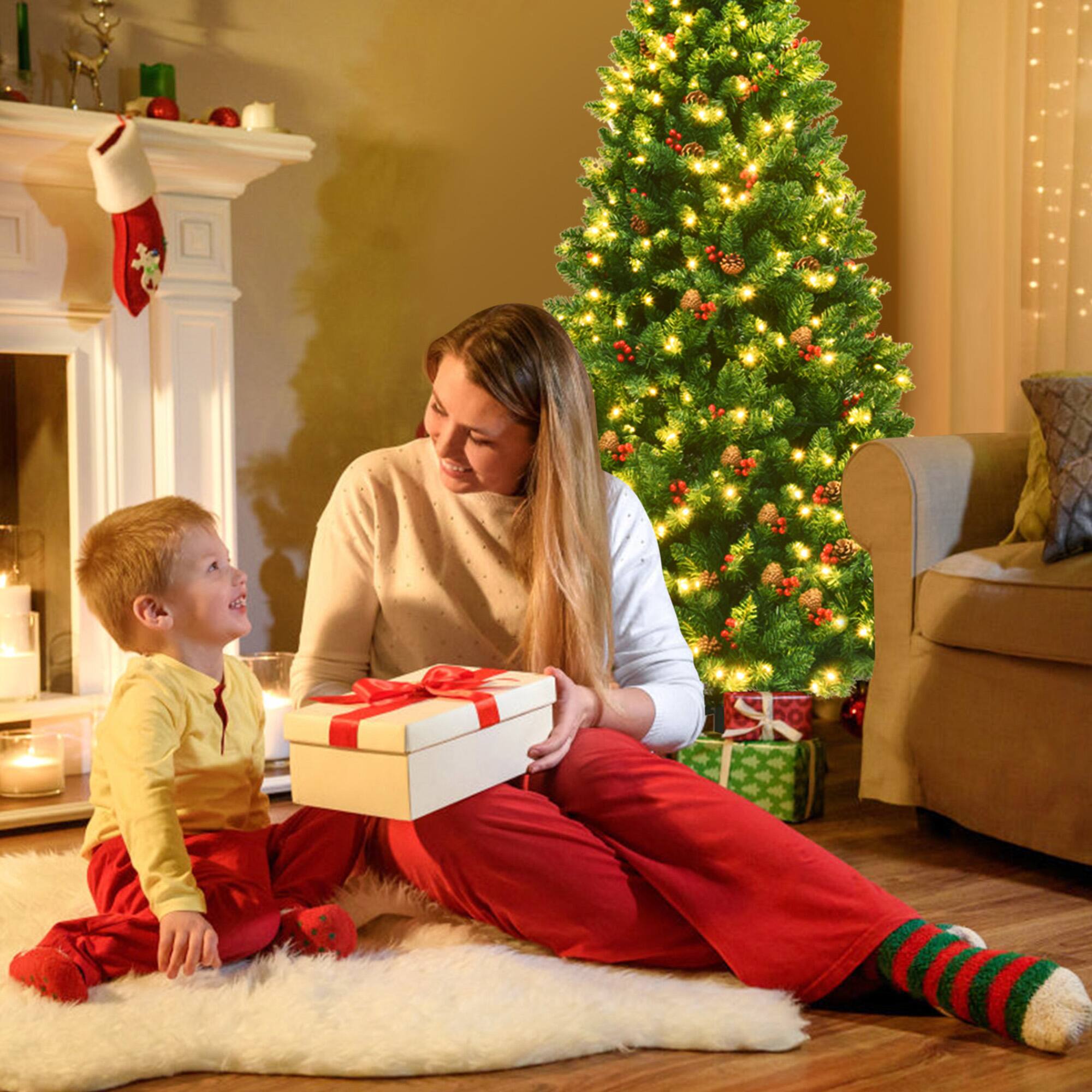 Alt View 3. Gymax - Gymax 6.5FT Pre-Lit Christmas Tree Hinged Artificial Tree Indoor w/ LED Lights - Green.