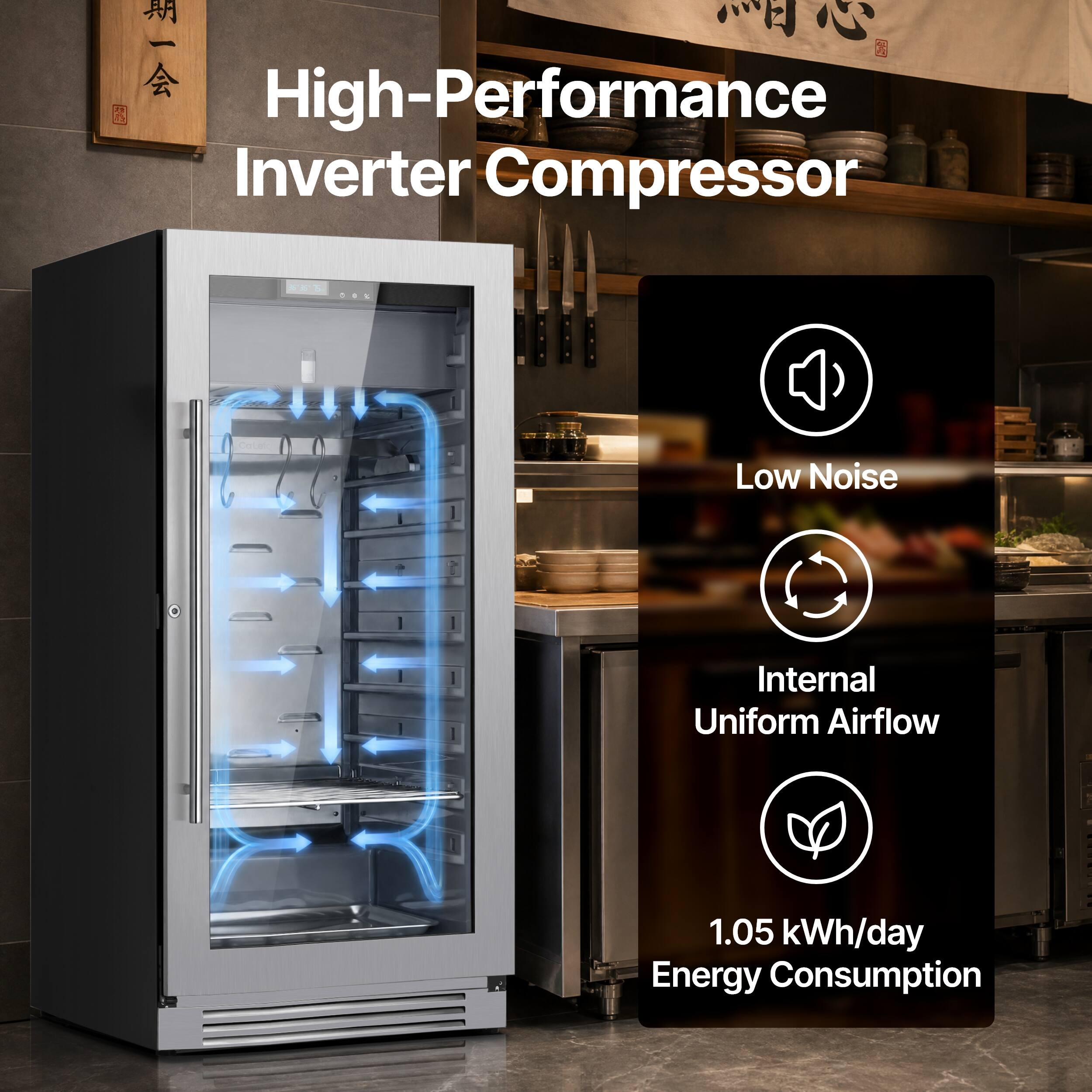 - 2 2 High-Performance Inverter Compressor
- CE% ... Coue
- Low Noise
- Internal Uniform Airflow
- 1.05 kWh/day Energy Consumption