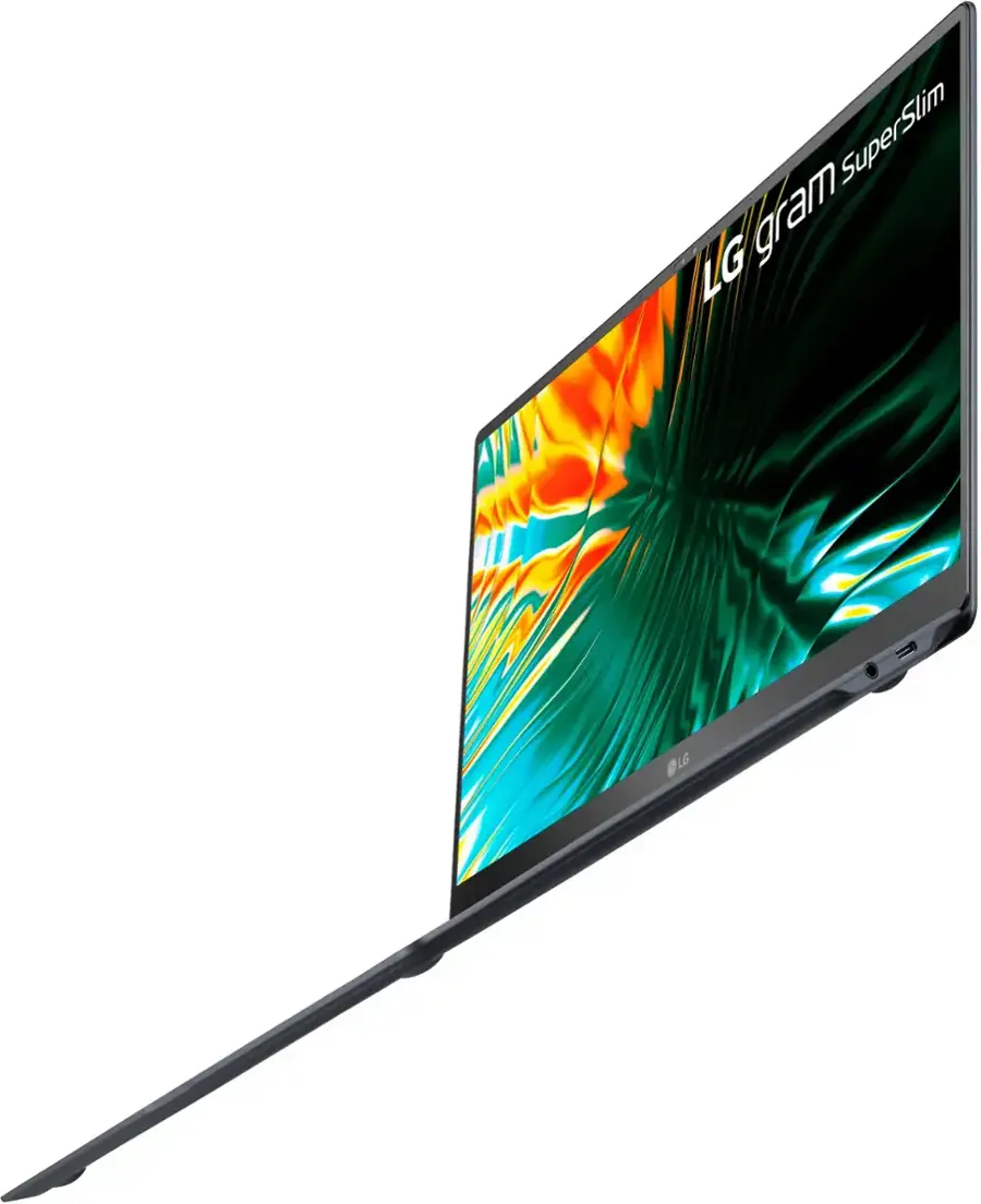 The text on the image reads "SuperSlim LG gram @LG LG." This can be grouped and corrected as follows:

"SuperSlim LG gram @LG LG" can be rephrased as "The LG gram laptop is super slim and features a large screen."