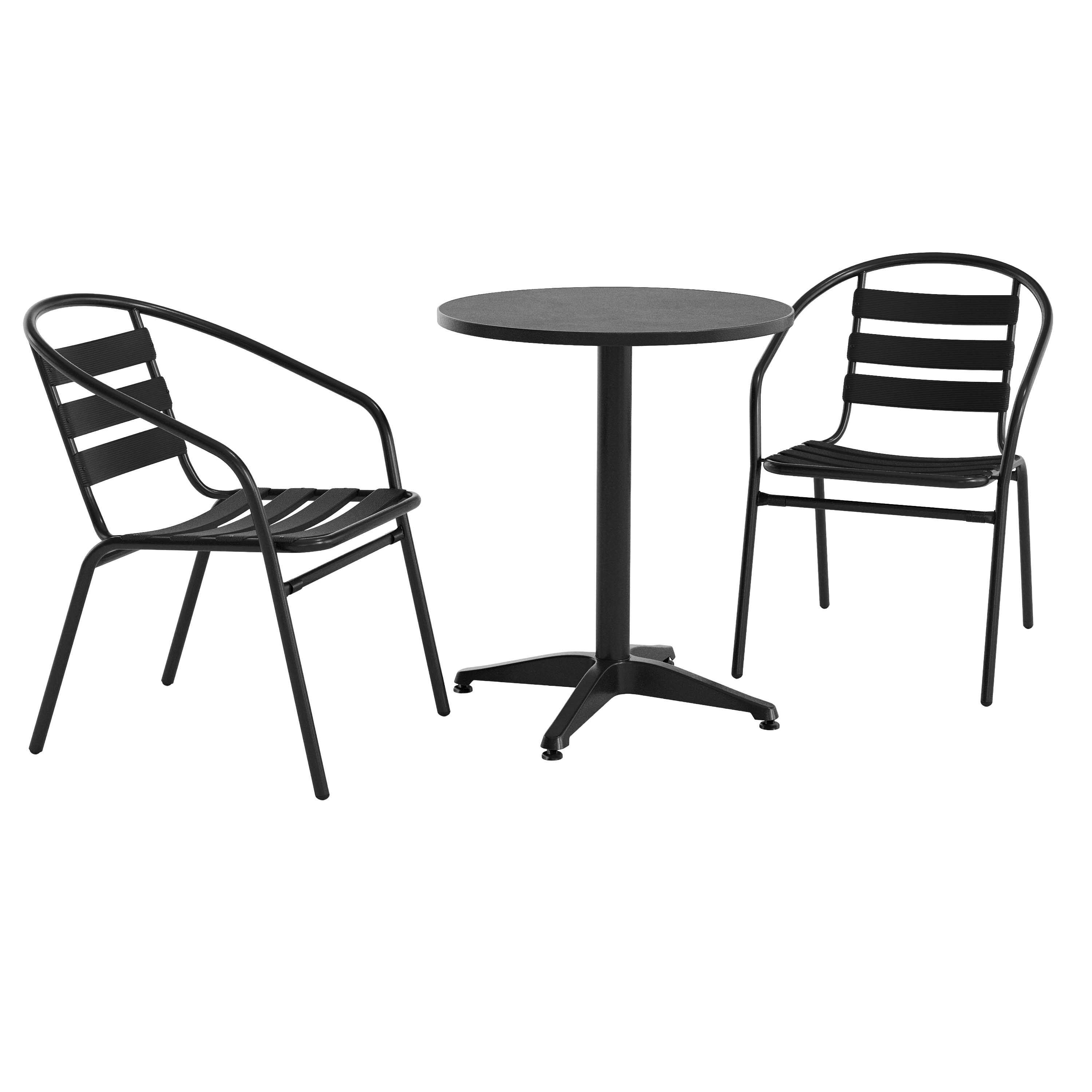 Front. Flash Furniture - Lila 23.5'' Black Round Aluminum Indoor-Outdoor Table Set with 2 Black Slat Back Chairs - Black.