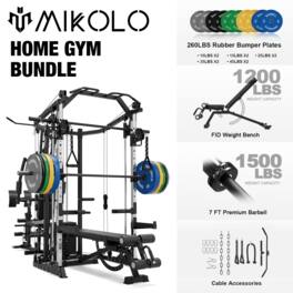 Mikolo - Smith Machine Power Cage, Multi-Function Home Gym System with Cable Crossover, 121LB Weight Stack - Black