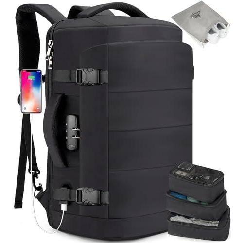 Live At Space - 40l Travel Laptop Backpack For Men Women Carry On Flight Approved Large Capacity Water Resistant Anti Backpacks With - Black(backpack With 3 Packing Cubes)-Large