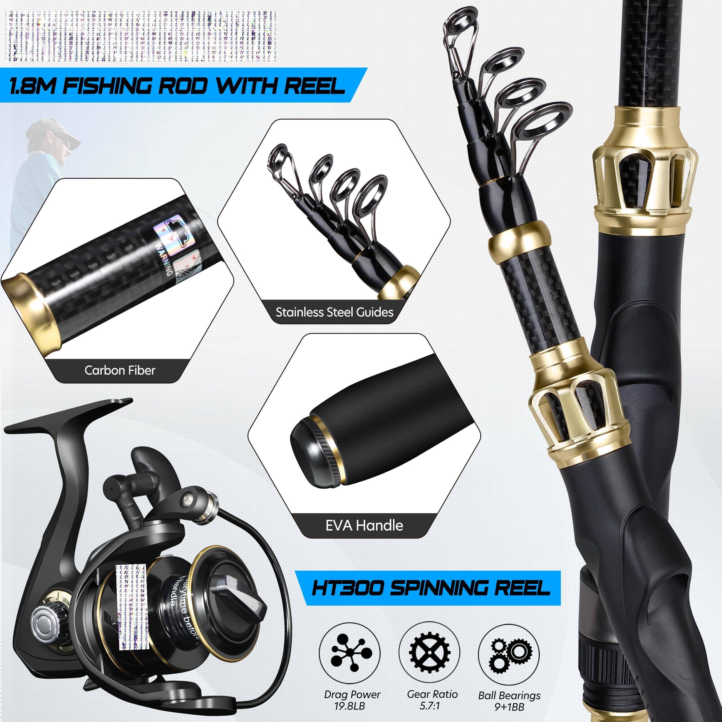 1.8M FISHING ROD WITH REEL

- Stainless Steel Guides
- Carbon Fiber
- EVA Handle

HT300 SPINNING REEL

- Drag Power: 19.8LB
- Gear Ratio: 5.7:1
- Ball Bearings: 9+1BB