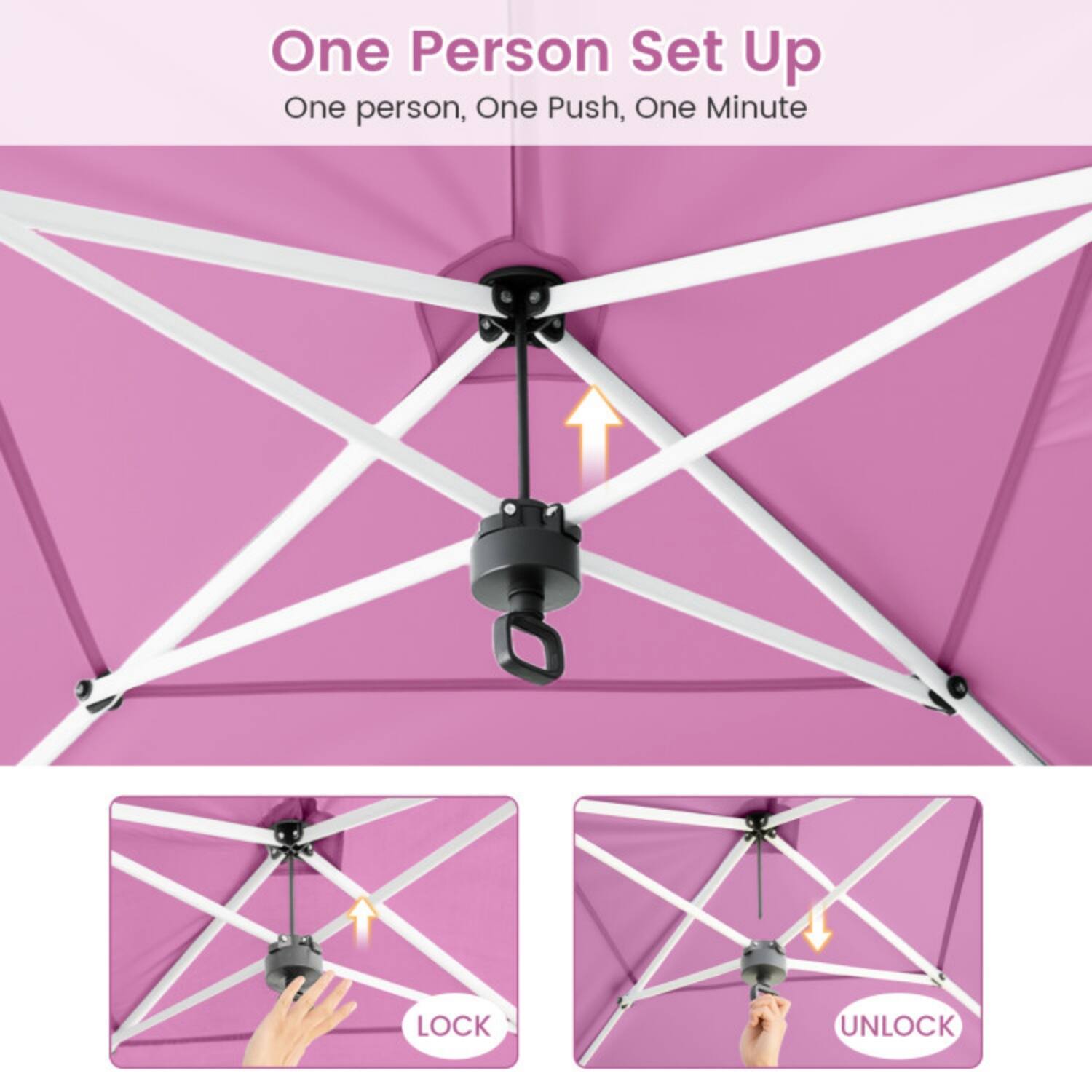 One Person Set Up  
One person, One Push, One Minute  

LOCK  
UNLOCK