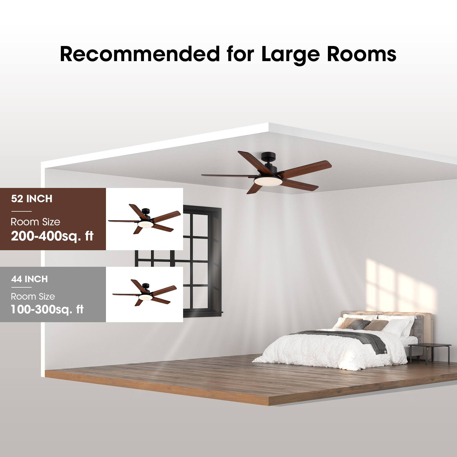 Recommended for Large Rooms

52 INCH
Room Size
200-400sq. ft

44 INCH
Room Size
100-300sq. ft