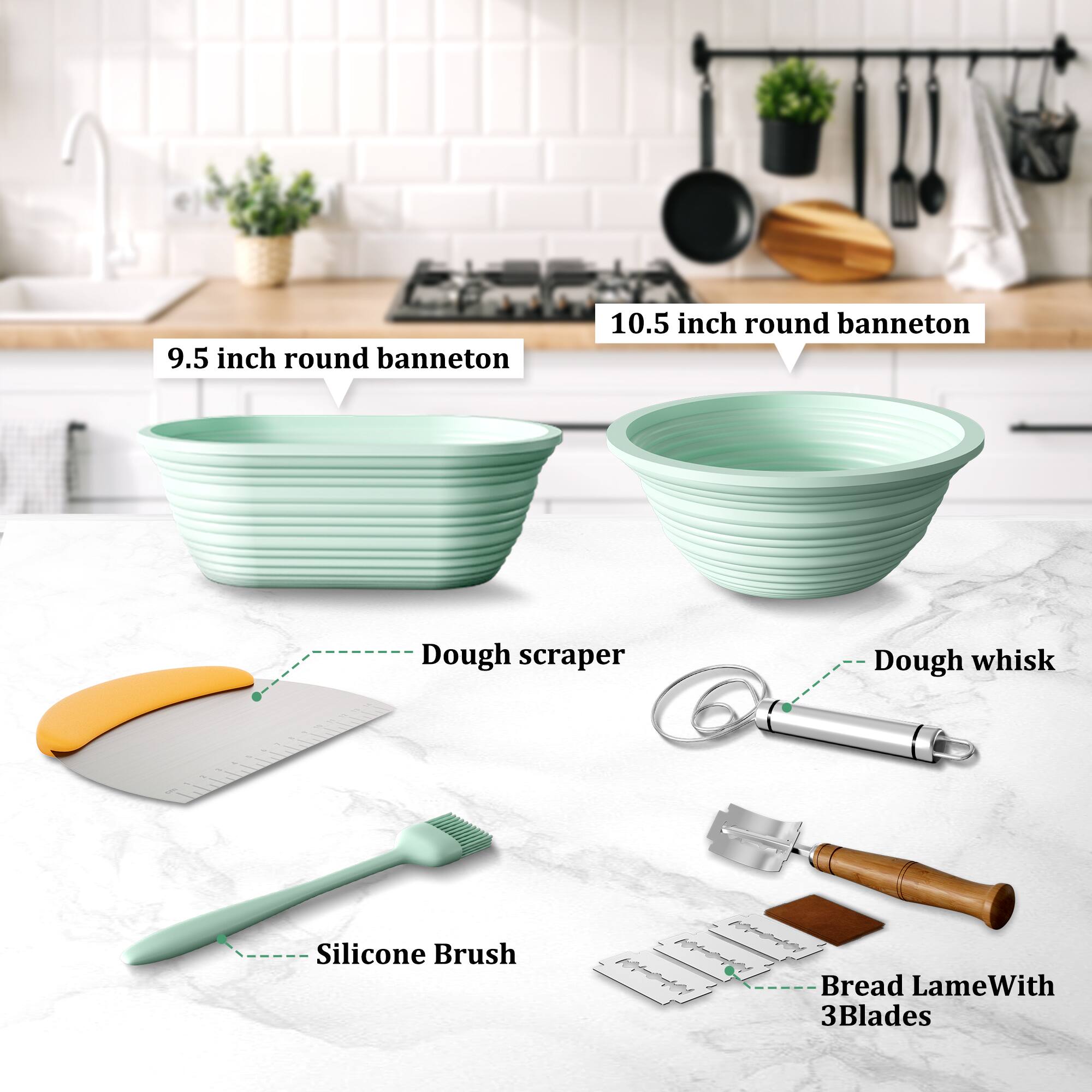 9.5 inch round banneton  
10.5 inch round banneton  
Dough scraper  
Dough whisk  
Silicone Brush  
Bread Lame With 3 Blades