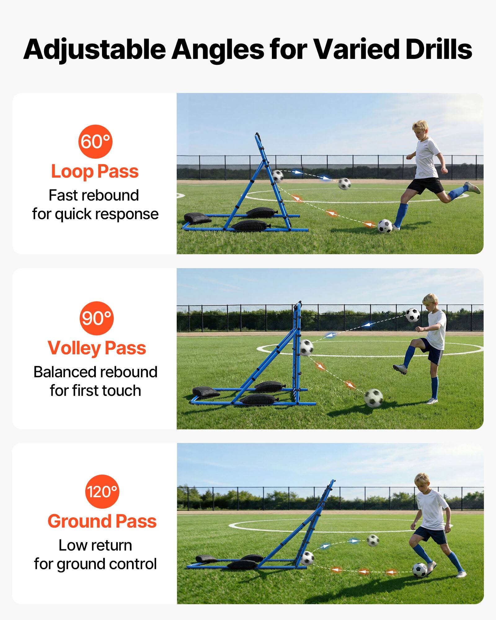 Adjustable Angles for Varied Drills

60° Loop Pass  
Fast rebound for quick response

90° Volley Pass  
Balanced rebound for first touch

120° Ground Pass  
Low return for ground control