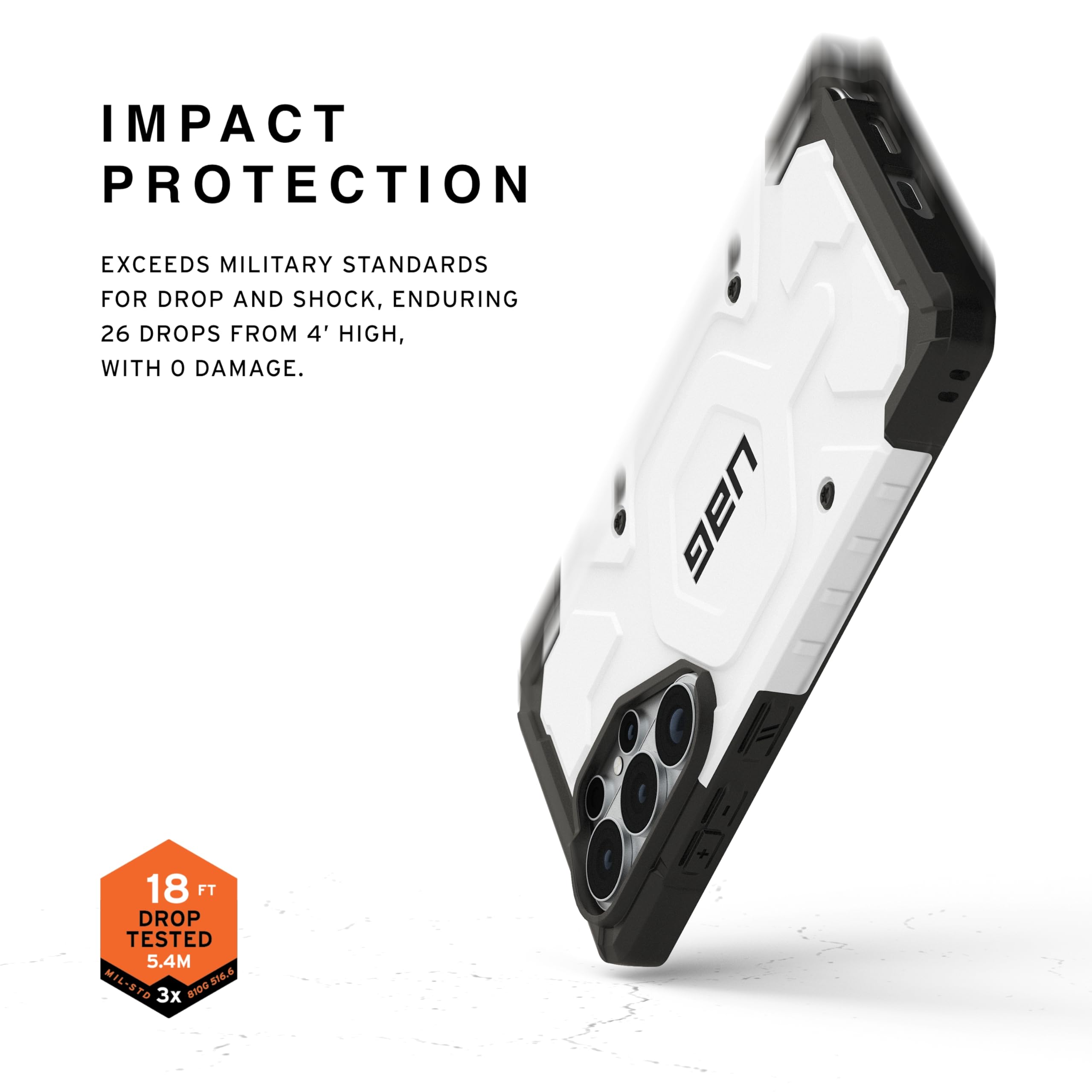IMPACT PROTECTION

EXCEEDS MILITARY STANDARDS FOR DROP AND SHOCK, ENDURING 26 DROPS FROM 4' HIGH, WITH 0 DAMAGE.

UAG 18 FT DROP TESTED 5.4M MIL-STD 8100.5316.6 216.5 3x 81DG