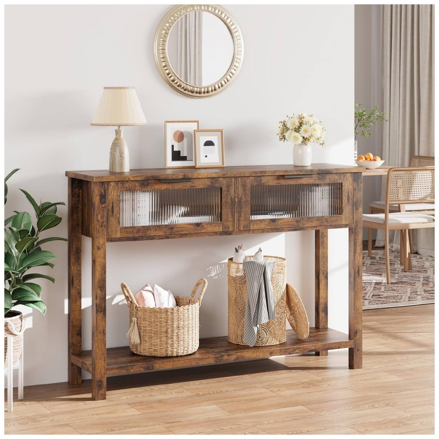 Front. GARVEE - Console Table with 2 Glass Drawers, Spacious Storage, Versatile Design - Rustic Brown.