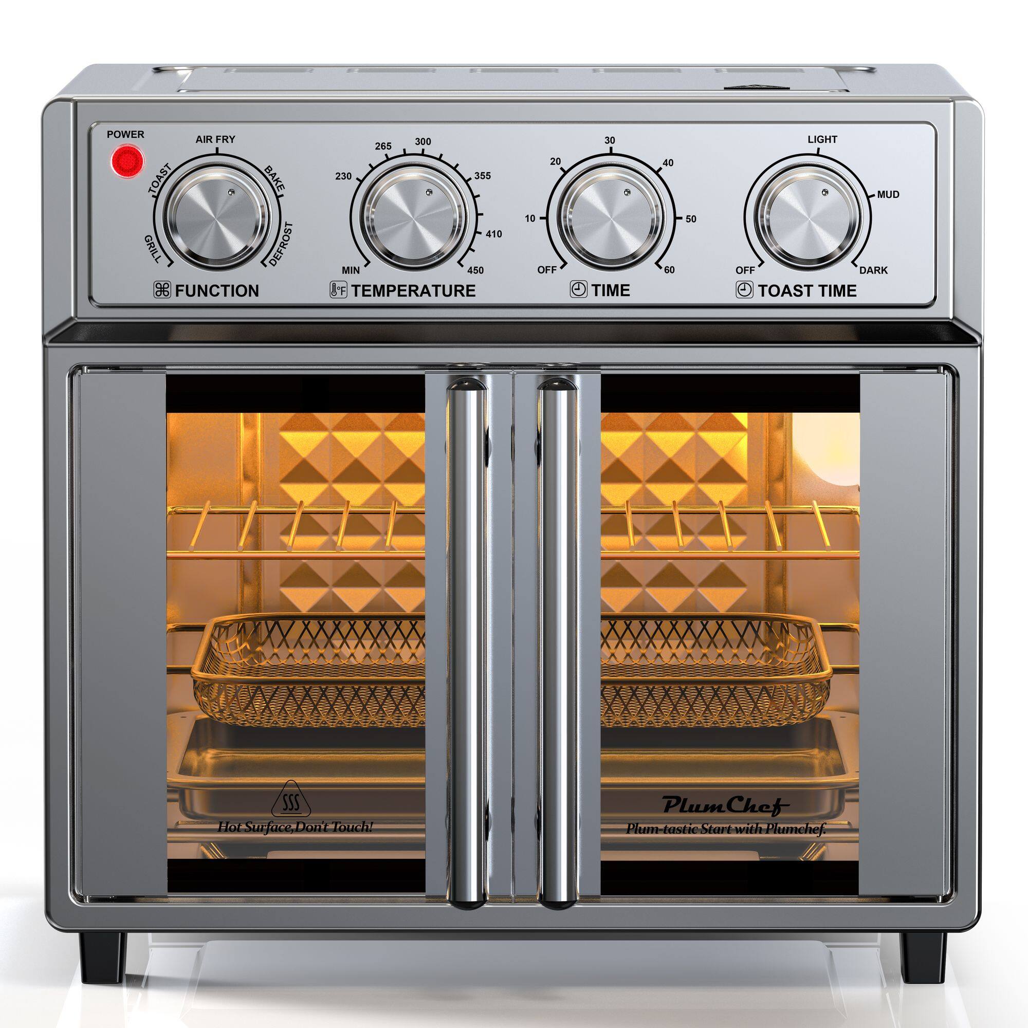 POWER AIR FRY TOAST, BAKE, GRILL DEFROST FUNCTION  
265 300 230 385 410 MIN 450 F TEMPERATURE  
20 10 OF 30 TIME 40 3 sO LIGHT 5 MUD OFF DARK TOAST TIME  
SSS Hot Surface. Don't Touch. Plum Chef Plum-tastic Start with Plum Chef