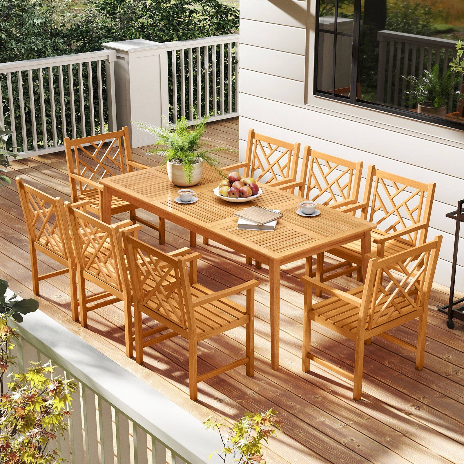 Alt View 1. Gymax - Gymax 9-Pieces Patio Dining Table Set w/8 Chairs Slatted Tabletop 1.96'' Umbrella Hole - Natural.