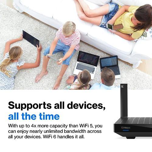 Supports all devices, all the time

With up to 4x more capacity than WiFi 5, you can enjoy nearly unlimited bandwidth across all your devices. WiFi 6 handles it all.