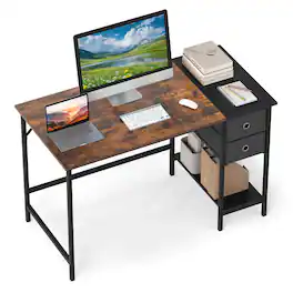 Costway - 48" Computer Desk Industrial Home Office Desk with Open Storage Shelf & 2 Fabric Drawers - Rustic Brown & Black