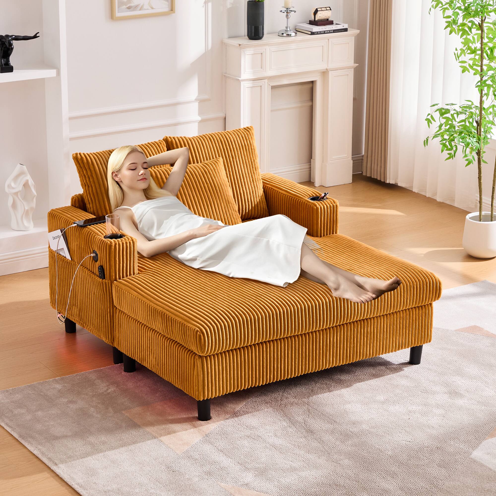 Angle. Trinkets Crazed - Modern Corduroy Oversized Recliner Sofa with Deep Seat, USB Charging,RGB LED Light Strip - Mustard Yellow.